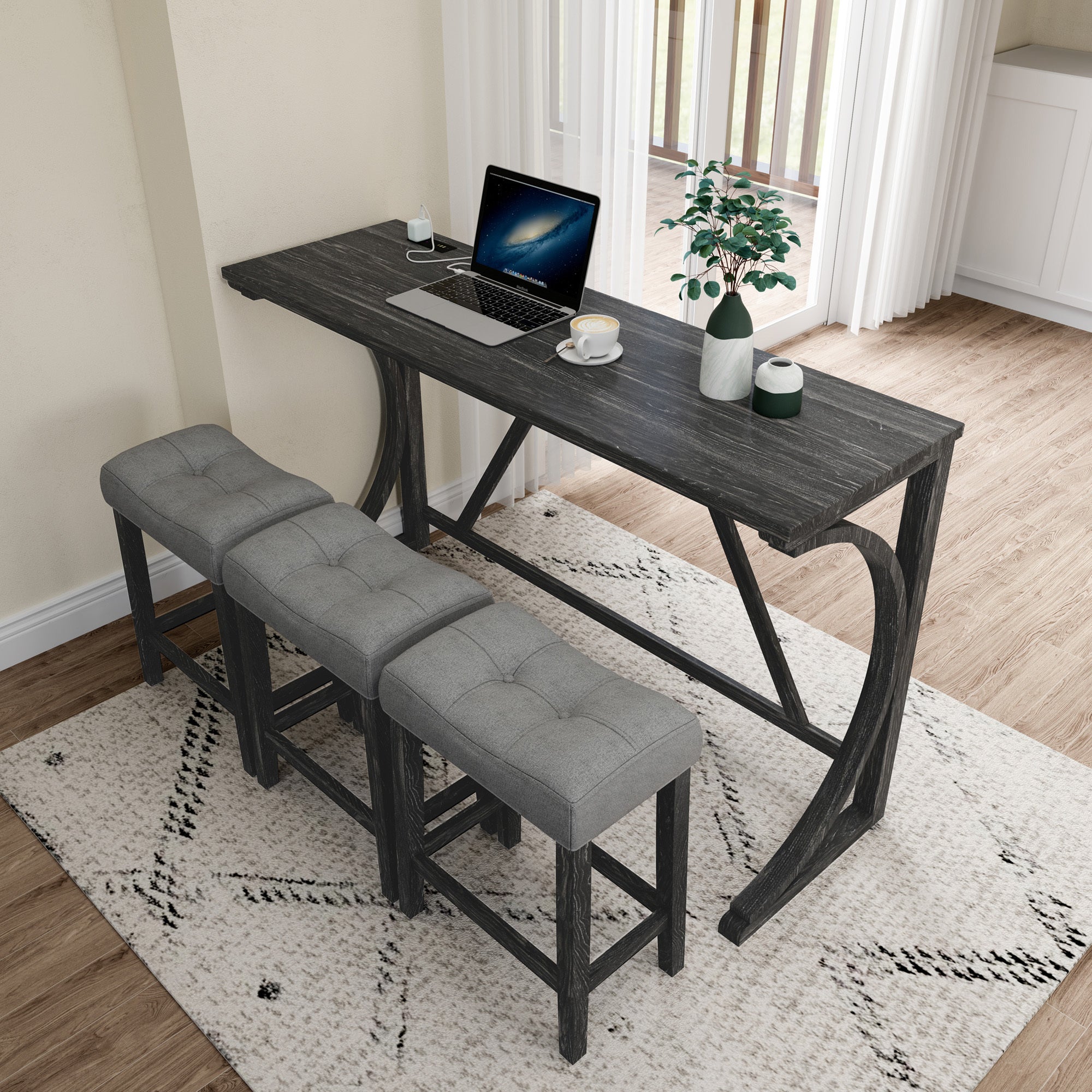 HAOYYE Bar Table Set with Power Outlet, Bar Table and Chairs Set, 4 Piece Dining Table Set, Industrial Breakfast Table Set, for Living Room, Dining Room, Game Room Sturdy Space-Saving Heavy Duty Adults