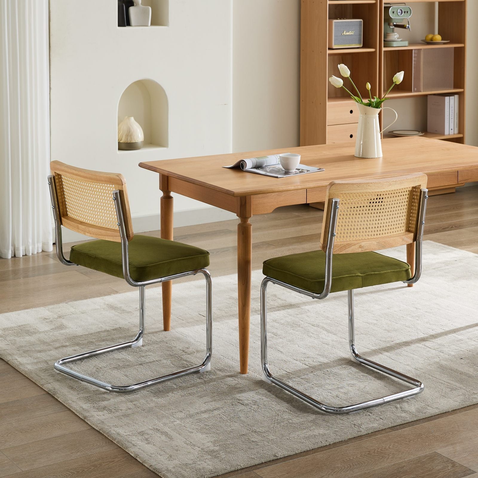 HAOYYE Mid Century Modern Dining Chairs Set of 2, Velvet Accent Chairs with Natural Cane Back & Stainless Chrome Base, Famous Breuer Designed Chairs, Upholstered Rattan Kitchen Chairs,Olive-Green Sturdy