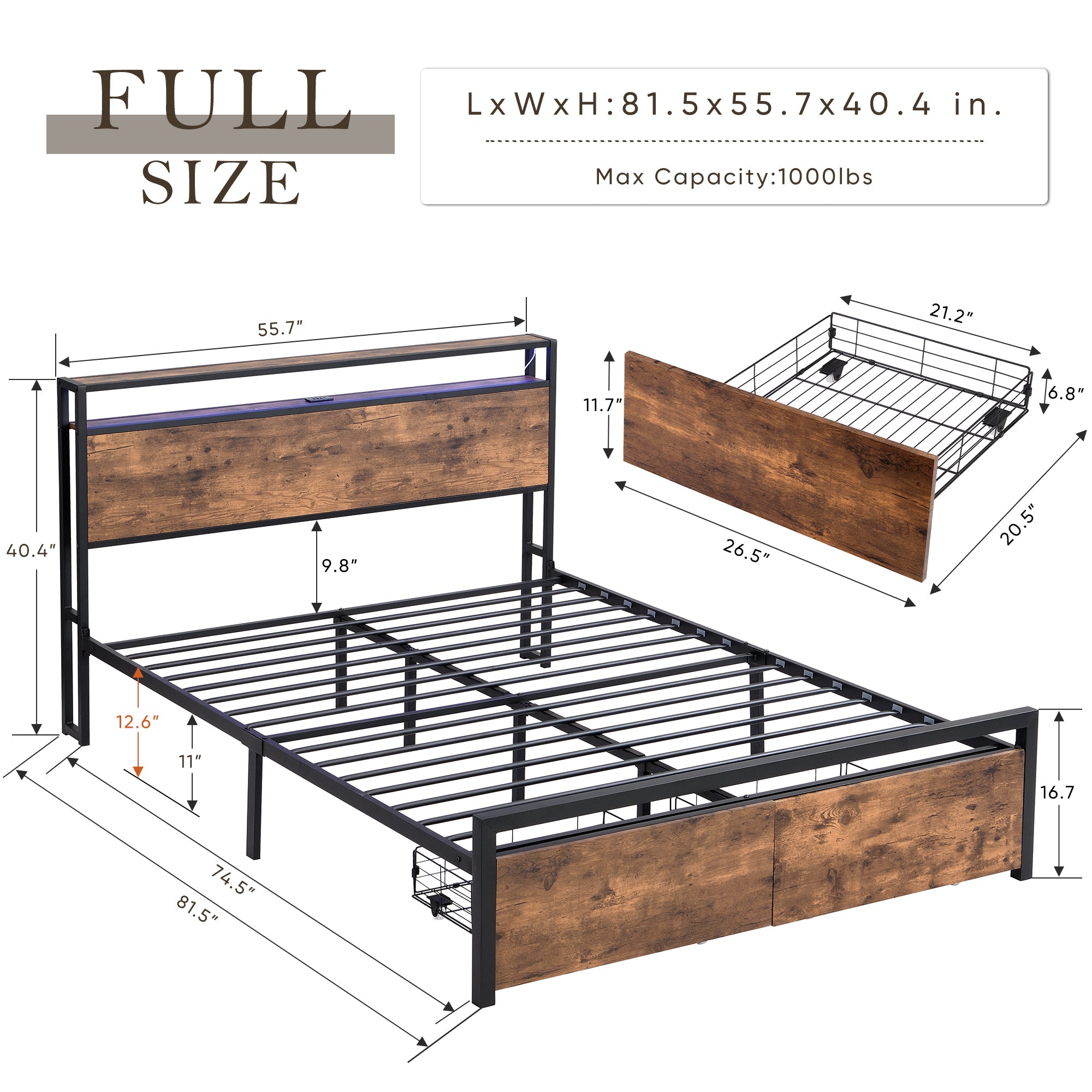 HAOYYE Full Size Bed Frame with Storage Headboard and 2 Drawers, LED Lights Bed with Charging Station, Metal Platform Bed No Noise, Mattress Foundation Strong Metal Slats Support No Box Spring Needed Sturdy