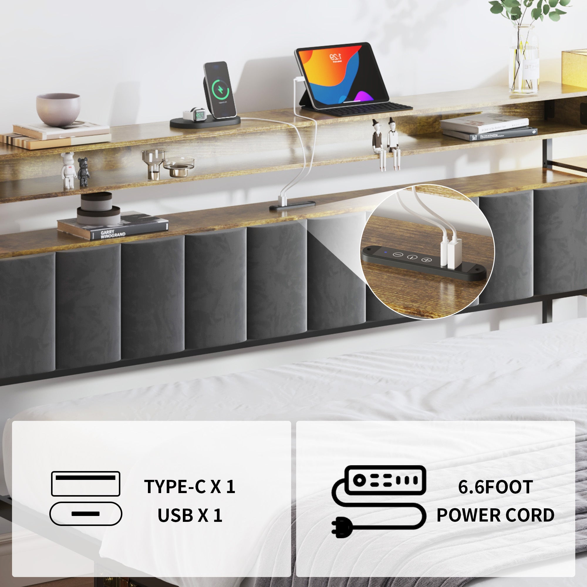HAOYYE Queen Bed Frame with Storage, Platform Bed Queen Size with LED Lights and Charging Station, Dark gray velvet Headboard with Bookcase Shelves, No Box Spring Needed, Noise Free Sturdy Space-Saving