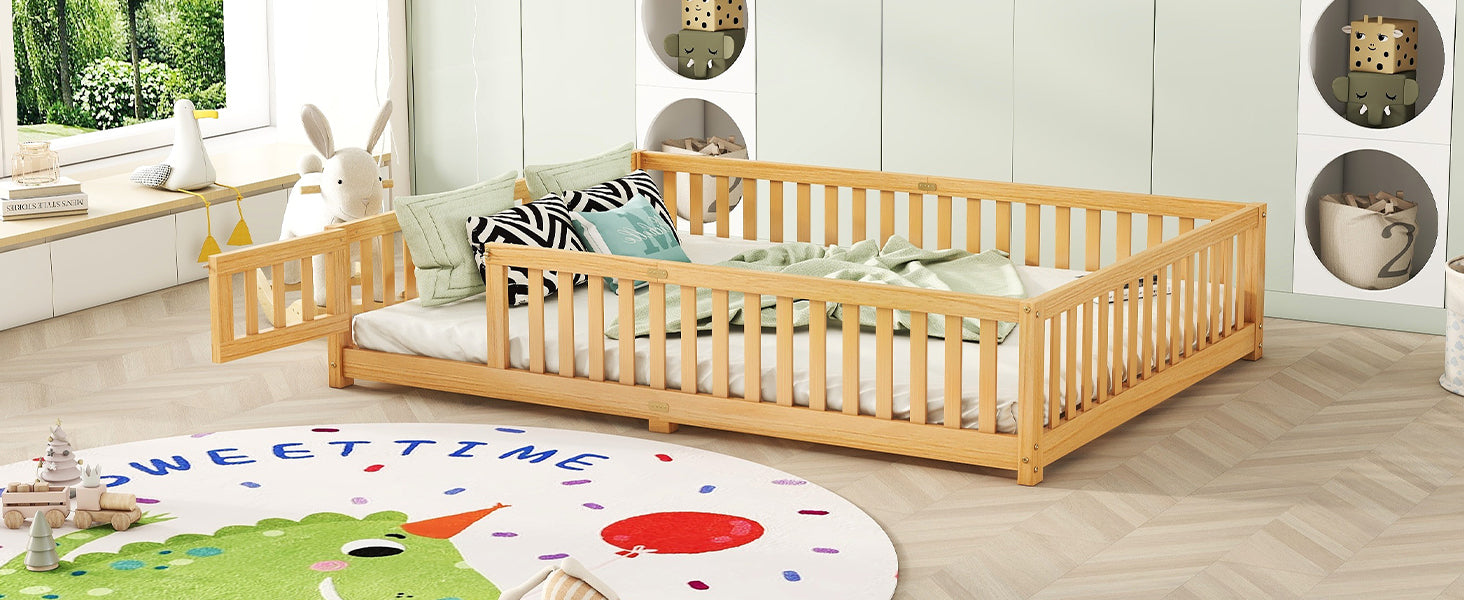 HAOYYE Queen Size Bed Floor Bed with Safety Guardrails and Door for , Natural(Expect Arrival Date 2024.7.26), Old SKU W158090701 Sturdy Space-Saving Heavy Duty Modern Design Adults Dorm Room