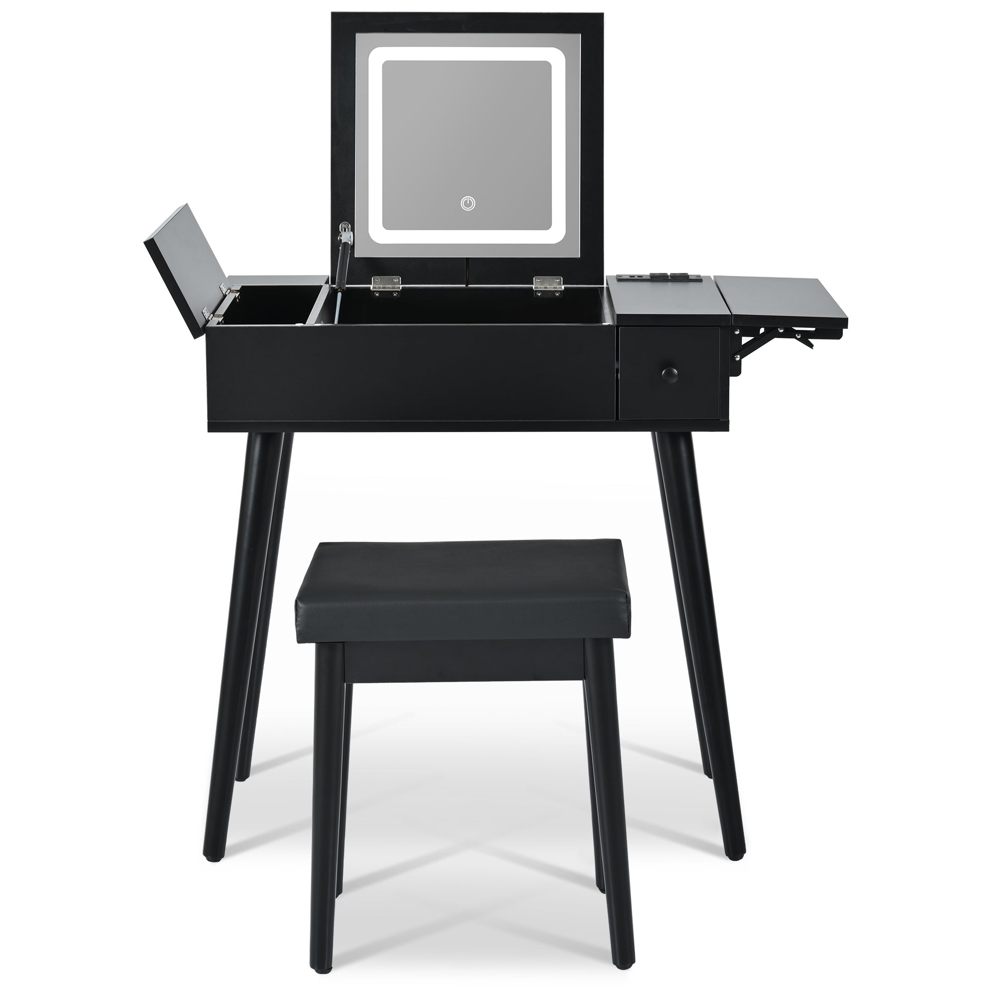 HAOYYE 27.9'' Black Makeup Vanity Desk with Flip Top Mirror and LED Light, Dressing Table with Charging Station, 2 Drawers and Fold-up Panel, Vanity Set with Cushioned Stool for Bedroom