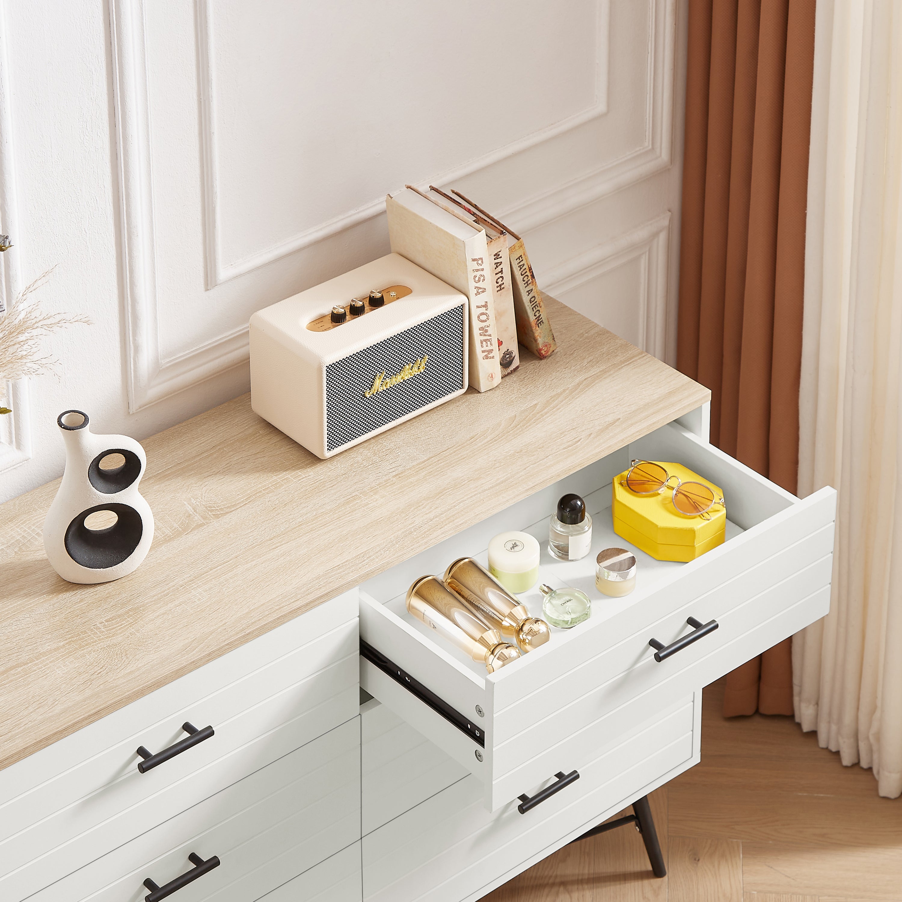 HAOYYE Modern 6-Drawer Dresser for Bedroom, Sturdy White & Oak Wood Chest of Drawers, Deep Storage for Living Room and Closet, Space-Saving Design