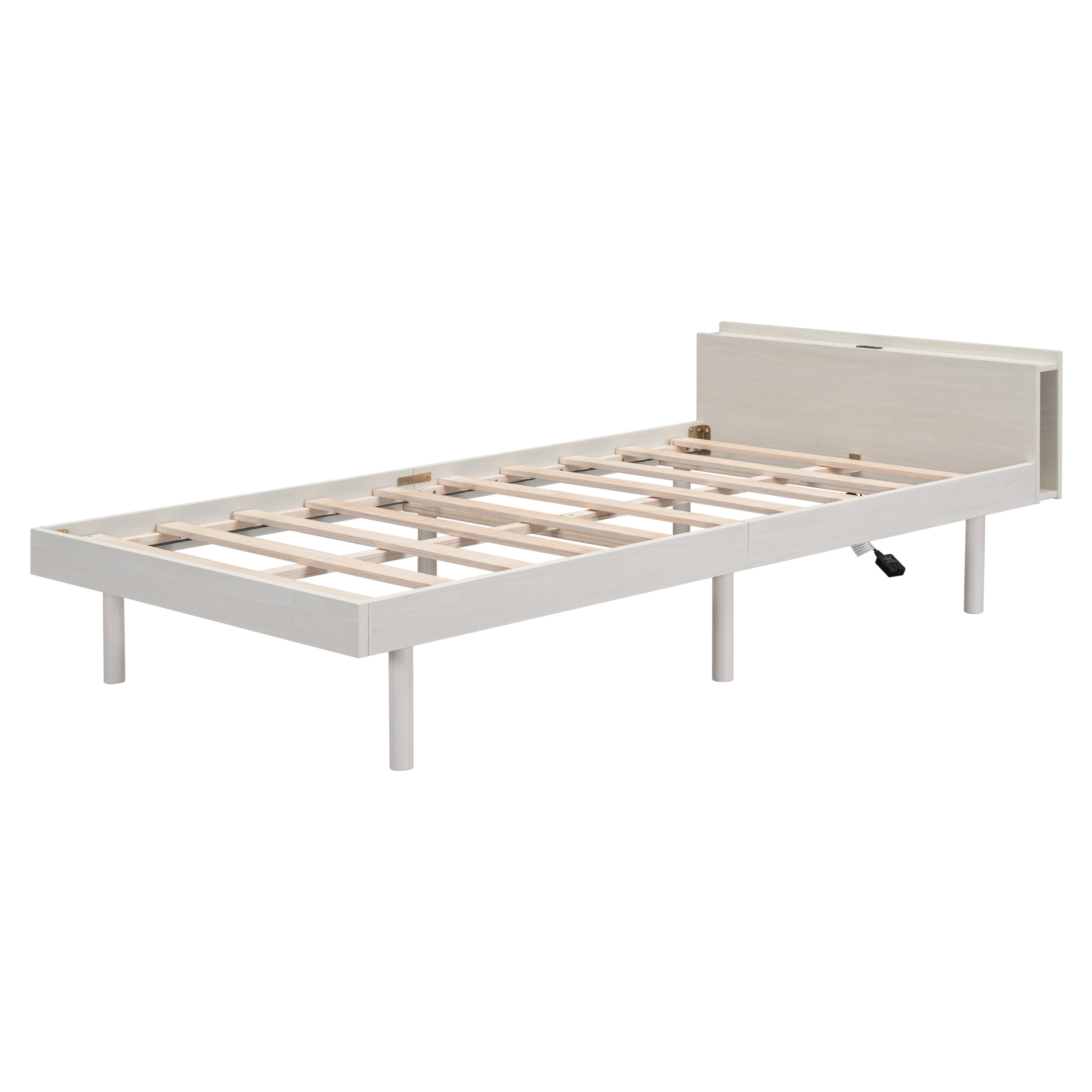 HAOYYE Modern Design Twin Size Platform Bed Frame with Built-in USB Ports for White Washed Color Sturdy Space-Saving Heavy Duty Adults Dorm Room Easy Assembly Bedroom Furniture