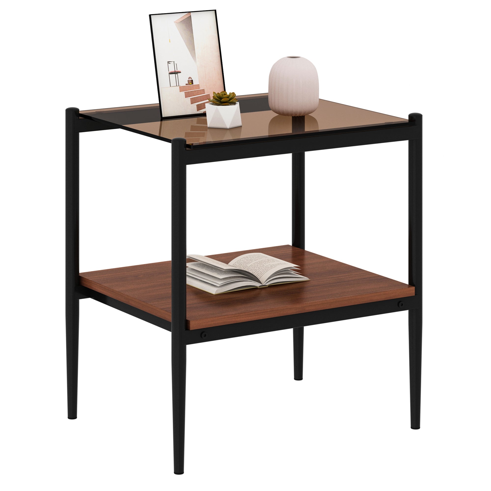 HAOYYE Modern Rectangle End Table Set of 2, Tempered Glass Tabletop With MDF Layer, Sturdy Space-Saving Heavy Duty Side Table For Living Room, Brown Finish, Easy Assembly