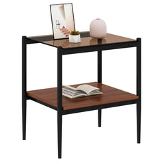 HAOYYE Modern Rectangle End Table Set of 2, Tempered Glass Tabletop With MDF Layer, Sturdy Space-Saving Heavy Duty Side Table For Living Room, Brown Finish, Easy Assembly
