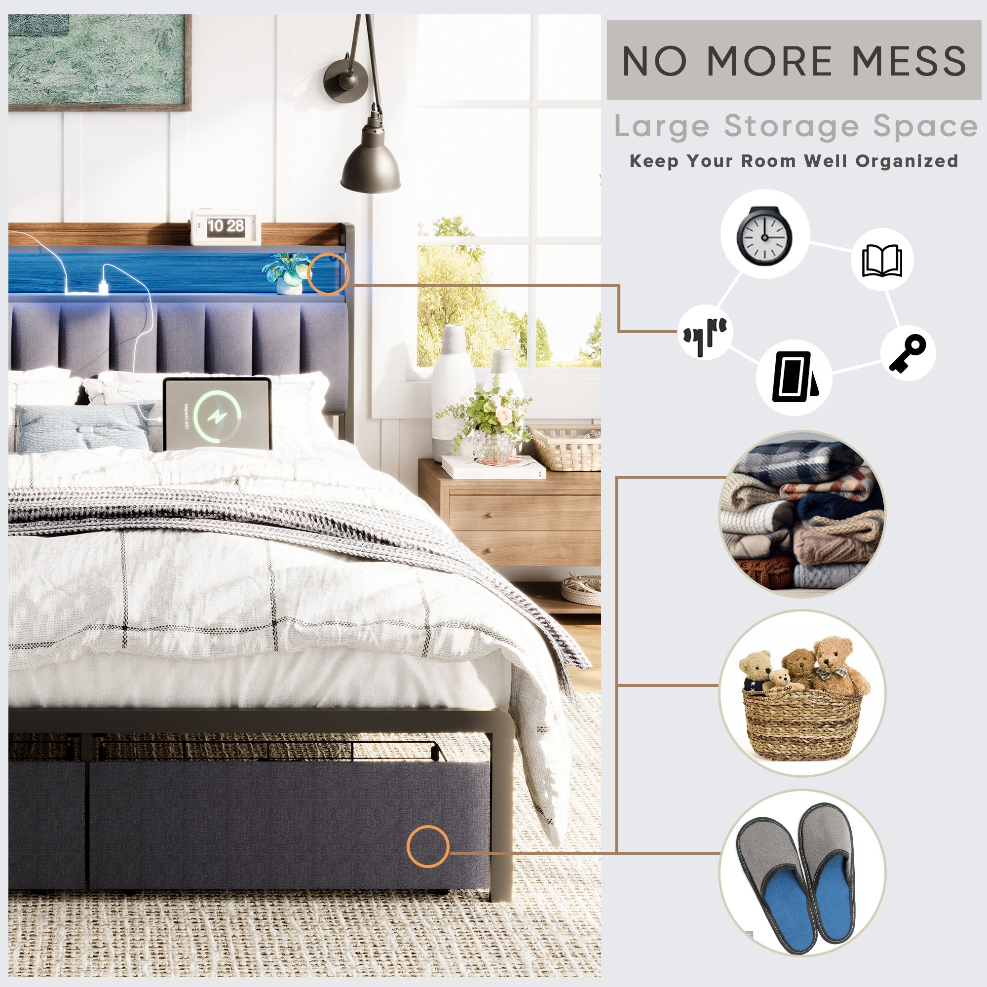 HAOYYE Queen Bed Frame with Storage Headboard and Drawers, LED Upholstered Platform Bed Frame with Built-in Charging Station, No Box Spring Needed, Easy Assembly, Sturdy and Space-Saving Design in Grey for Adults