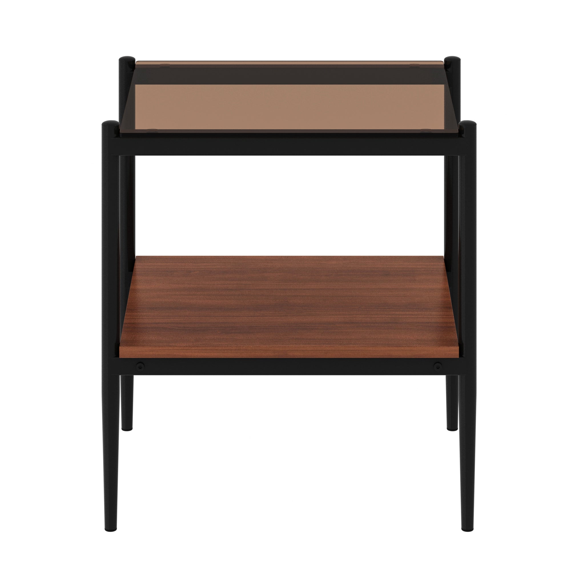 HAOYYE Modern Rectangle End Table Set of 2, Tempered Glass Tabletop With MDF Layer, Sturdy Space-Saving Heavy Duty Side Table For Living Room, Brown Finish, Easy Assembly