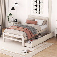 HAOYYE Modern White Washed Twin Size Platform Bed Frame With Two Storage Drawers, Sturdy Space-Saving Heavy Duty Design, Perfect For Adults And Dorm Rooms, Easy Assembly