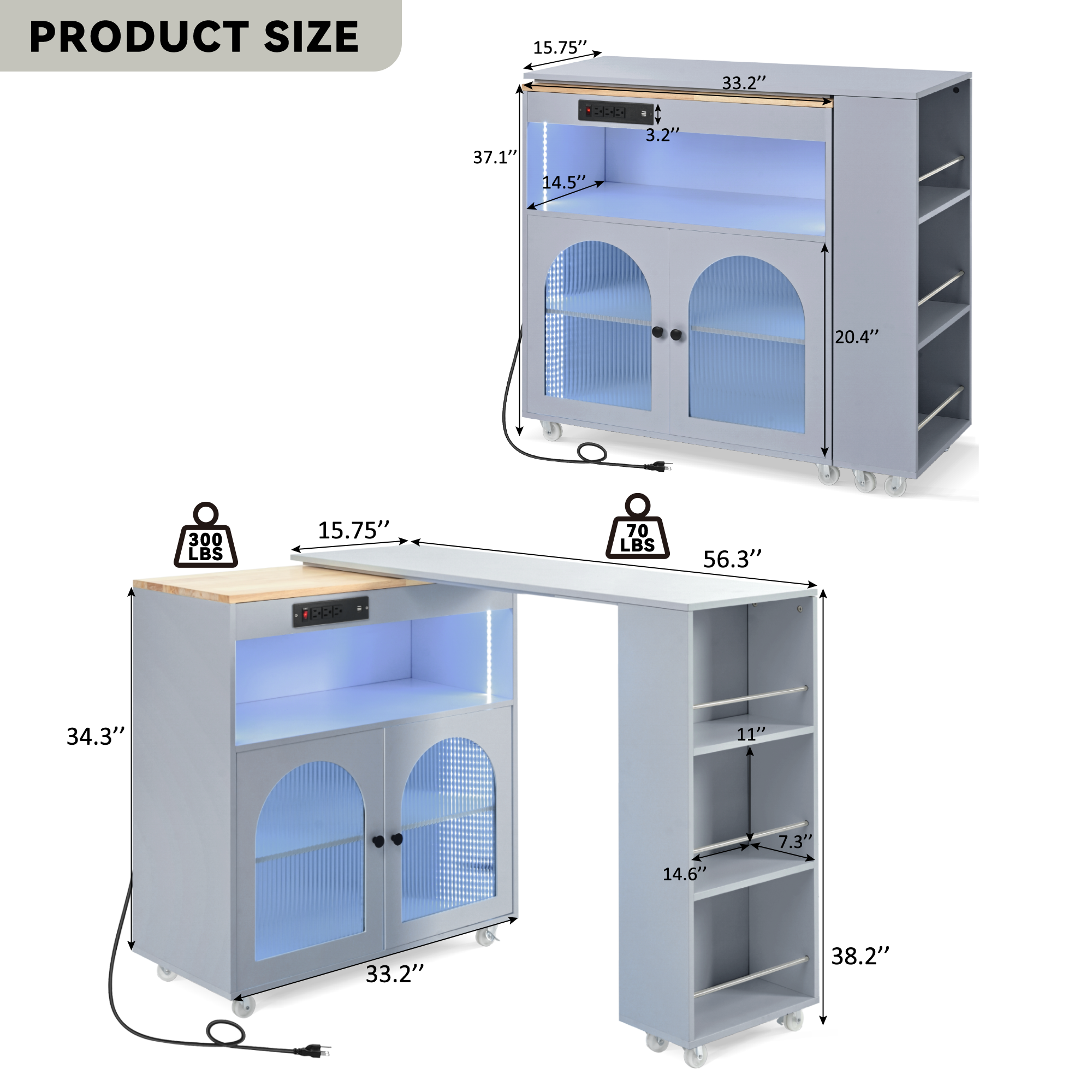 HAOYYE K&K Rolling Kitchen Island With Extended Table, Kitchen Island on Wheels with LED Lights,Power Outlets and 2 Fluted Glass Doors, Kitchen Island with a Storage Compartment and Side 3 Open Shelves, Grey