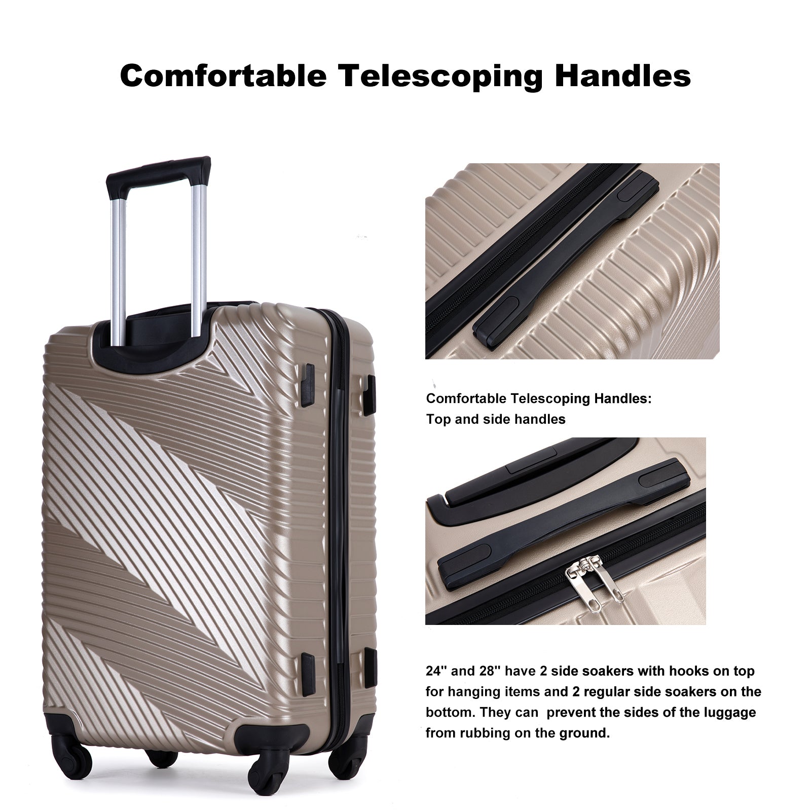 HAOYYE 3 Piece Luggage Sets PC+ABS Lightweight Suitcase with Two Hooks, Spinner Wheels, (20/24/28) Gold Sturdy Space-Saving Heavy Duty Modern Design Adults Dorm Room Easy Assembly Bedroom Furniture