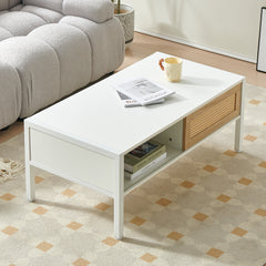 HAOYYE White Rattan Coffee Table With Sliding Door, Metal Legs, Modern Storage Table for Living Room, Sturdy Space-Saving Heavy Duty Design, Easy Assembly