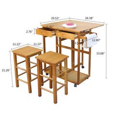 HAOYYE Square Solid Wood Folding Dining Cart with 2 Free Stools, Expandable Drop Leaf Tabletop, 2 Storage Drawers, Rolling Kitchen Island with Push Handle, Space-Saving Mobile Dining Solution for Home