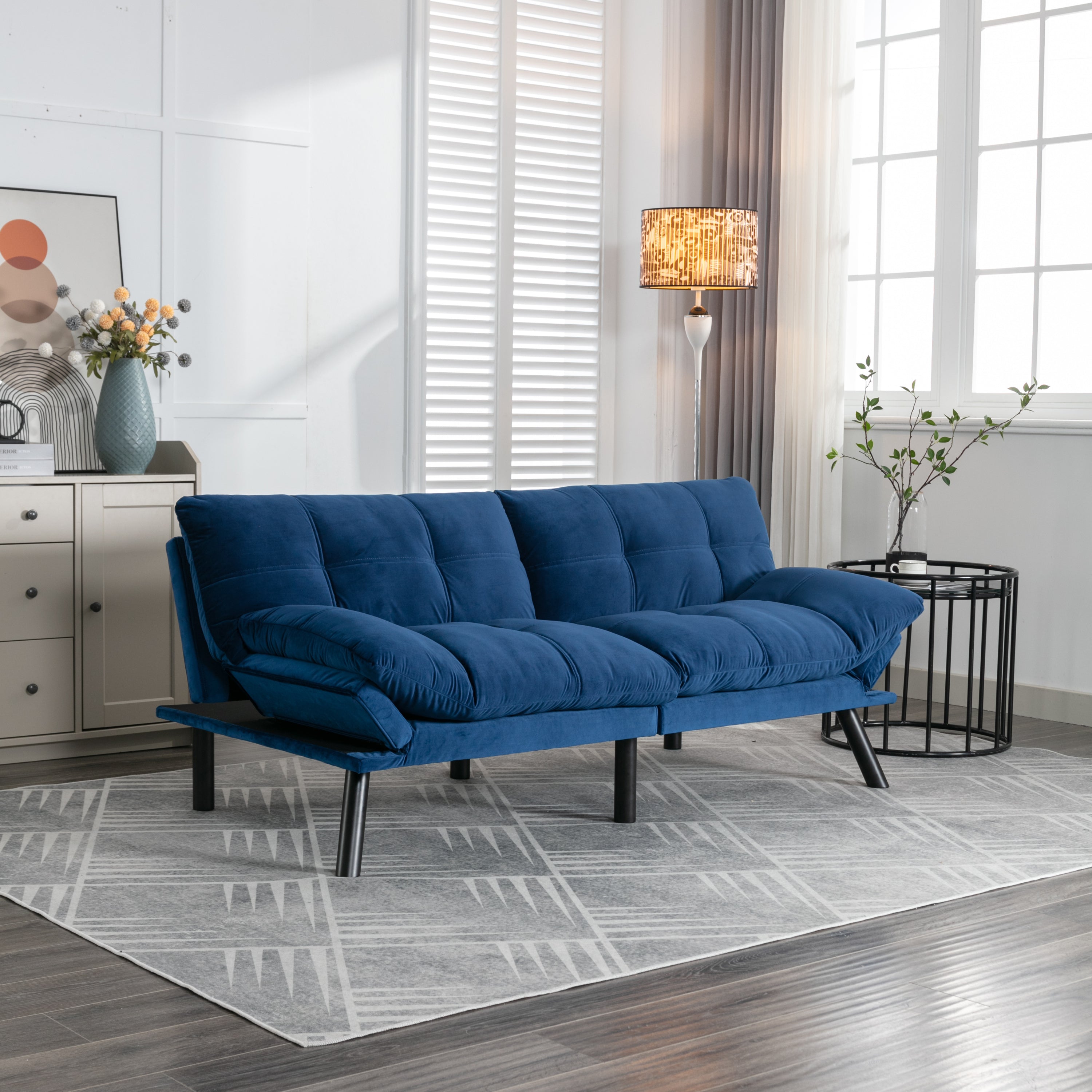 HAOYYE Navy Blue Convertible Folding Modern Sofa Bed Sturdy Space-Saving Heavy Duty Modern Design for Adults Dorm Room Easy Assembly Bedroom Furniture
