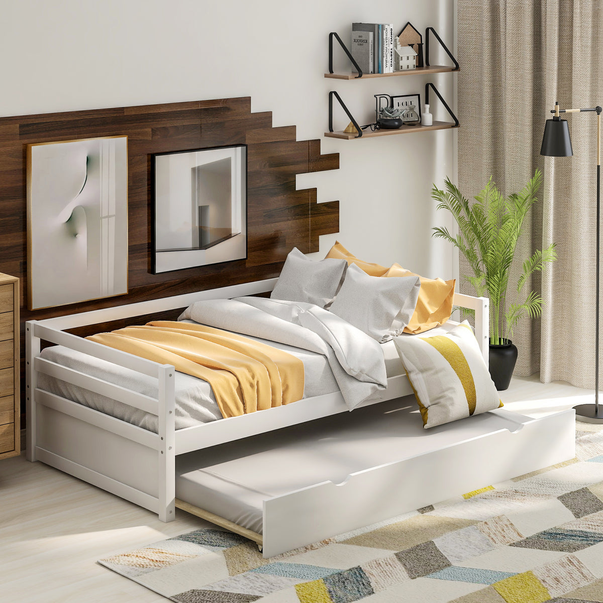 HAOYYE Daybed with Trundle Frame Set, Twin Size, White Sturdy Space-Saving Heavy Duty Modern Design Easy Assembly Durable Stylish Home Furniture Versatile