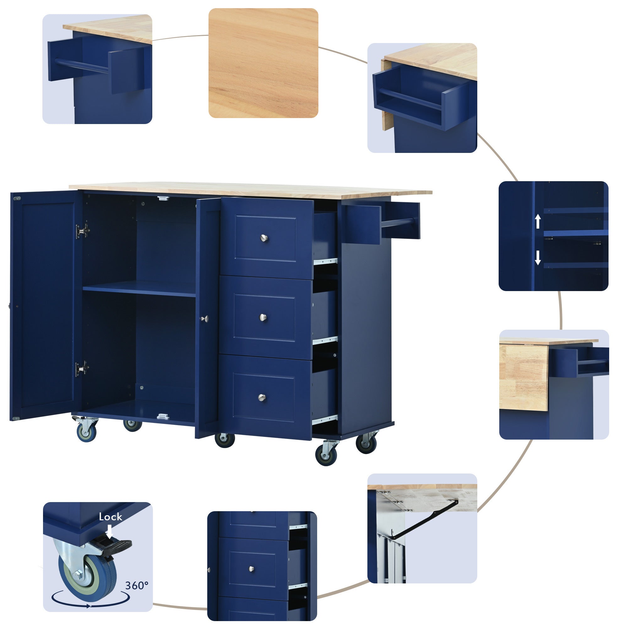 HAOYYE Rolling Mobile Kitchen Island with Drop Leaf - Solid Wood Top, Locking Wheels & Storage Cabinet 52.7 Inch Width(Dark blue) Sturdy Space-Saving Heavy Duty Modern Design Adults Dorm Room