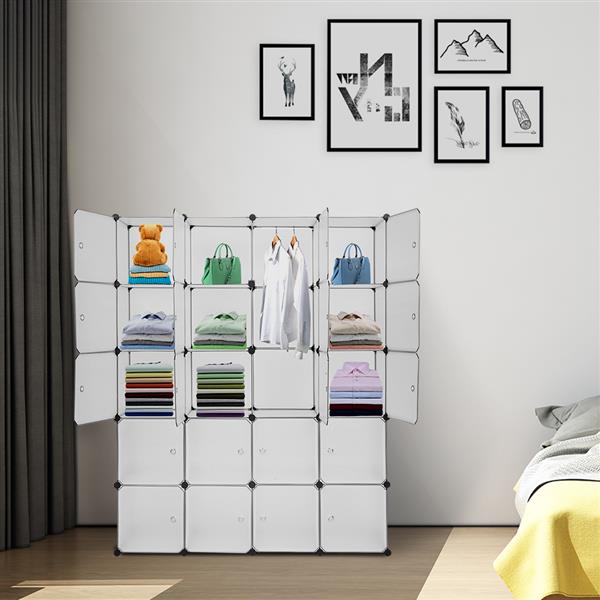 HAOYYE 20 Cube Modular Storage Cabinet, Stackable Closet Organizer Shelving Unit with Hanging Rod, White Plastic Cube Shelves for Clothes, Shoes, Accessories, Home & Office Organizer, Space-Saving Storage Solution, Durable, Easy Assembly