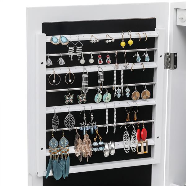 HAOYYE Wall Mounted Jewelry Cabinet with Mirror and Blue LED Lights, 4-Layer Storage Shelves and 6 Drawers, White Wooden Lockable Jewelry Organizer Armoire with Elegant Design
