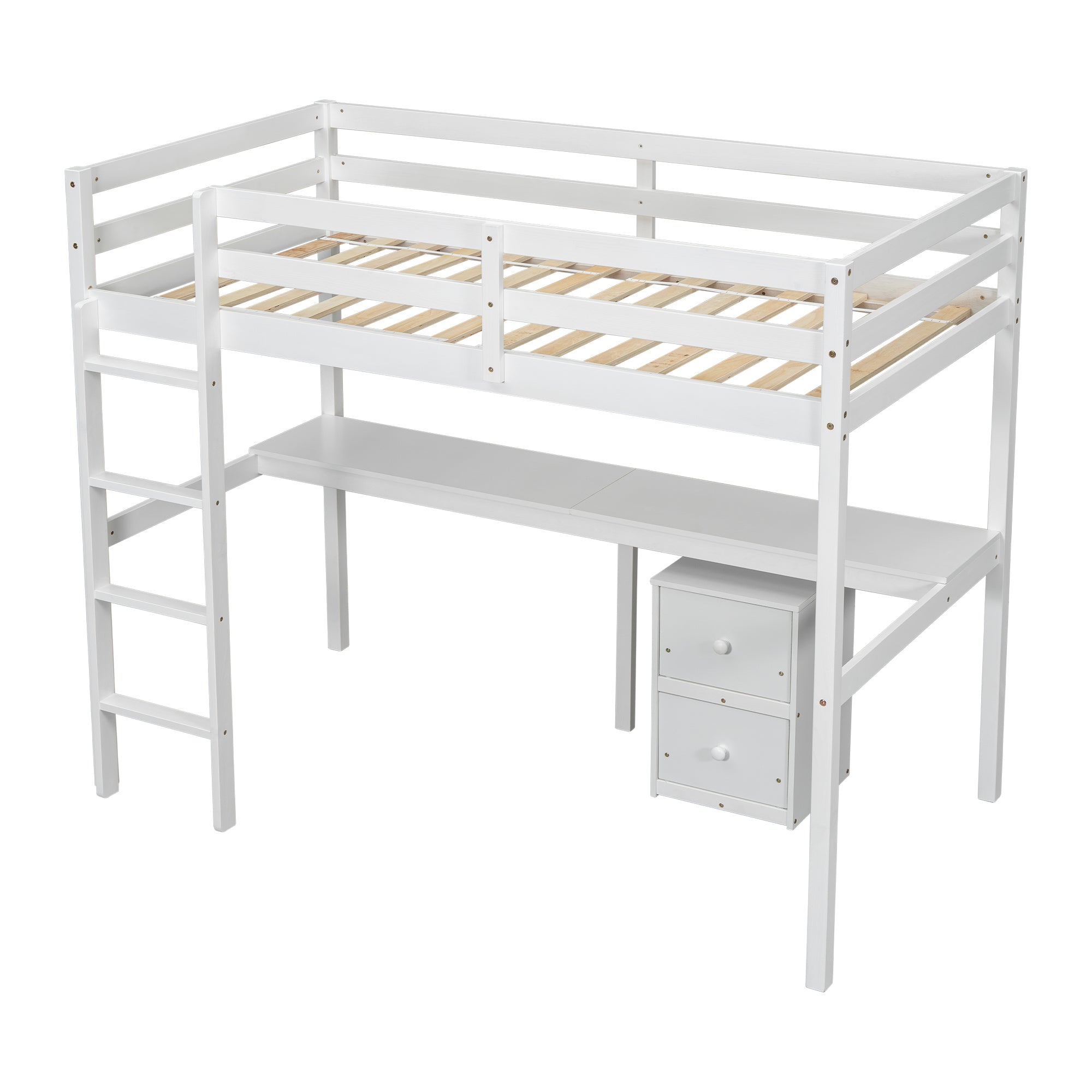 HAOYYE Twin Loft Wood Bed with Under-Bed Built-In Desk and Two-Drawer Storage Cabinet, Guardrails, and Ladder, White Sturdy Space-Saving Design, Heavy Duty Construction, Easy Assembly, Durable Stylish Home Furniture