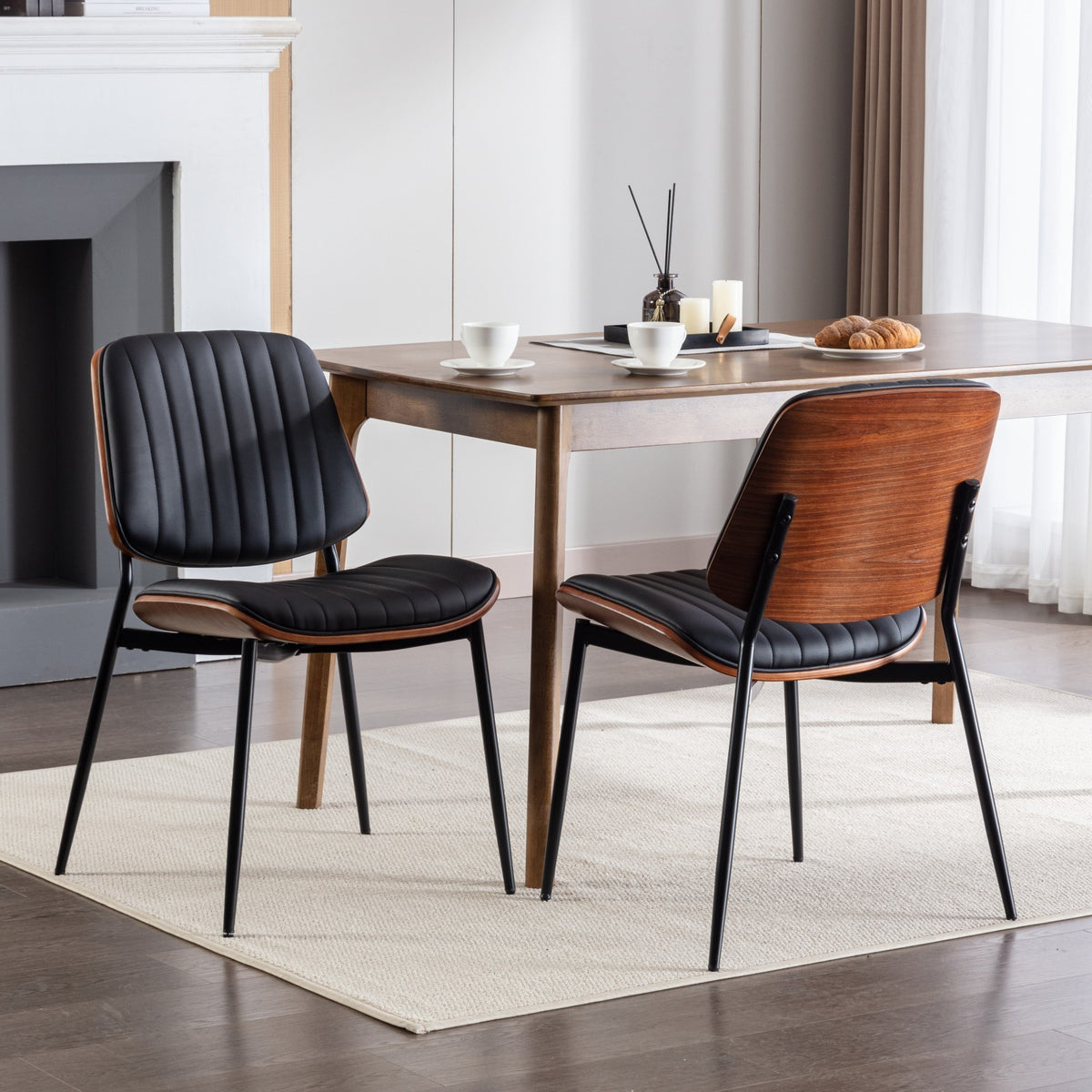 HAOYYE Dining Chairs Set of 2 Mid Century Modern Retro Faux Leather Chair with Walnut Bentwood Back Upholstered Seat Metal Legs Adjustable Foot for Kitchen Dining Room Chairs(Black PU) Sturdy