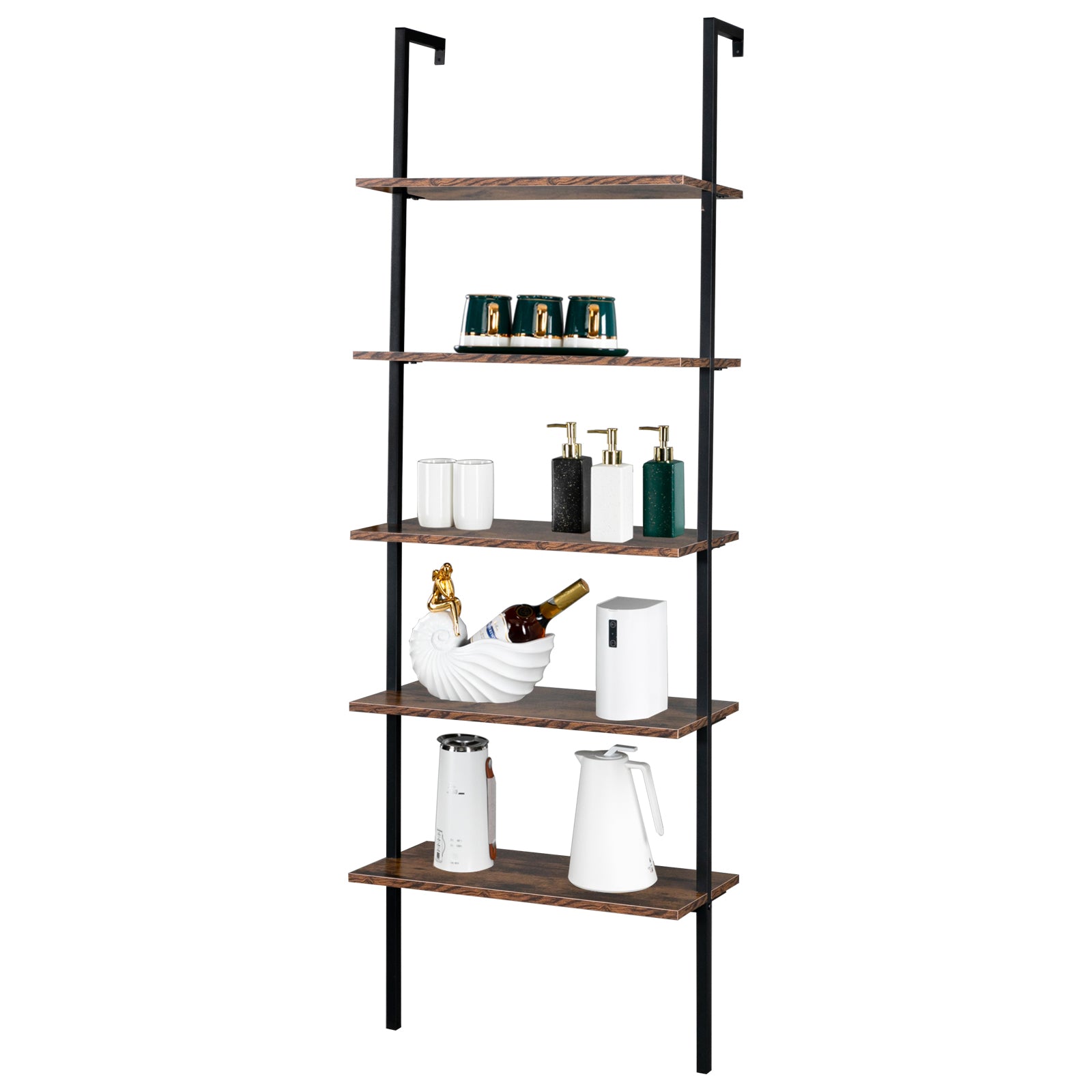 HAOYYE 5-Tier Industrial Wall Mounted Ladder Bookcase – Rustic Brown Wood Finish With Black Metal Frame, Open Display Shelf For Books, Home Décor, Plants, Living Room Storage, Office Display, Durable & Space-Saving Industrial Design