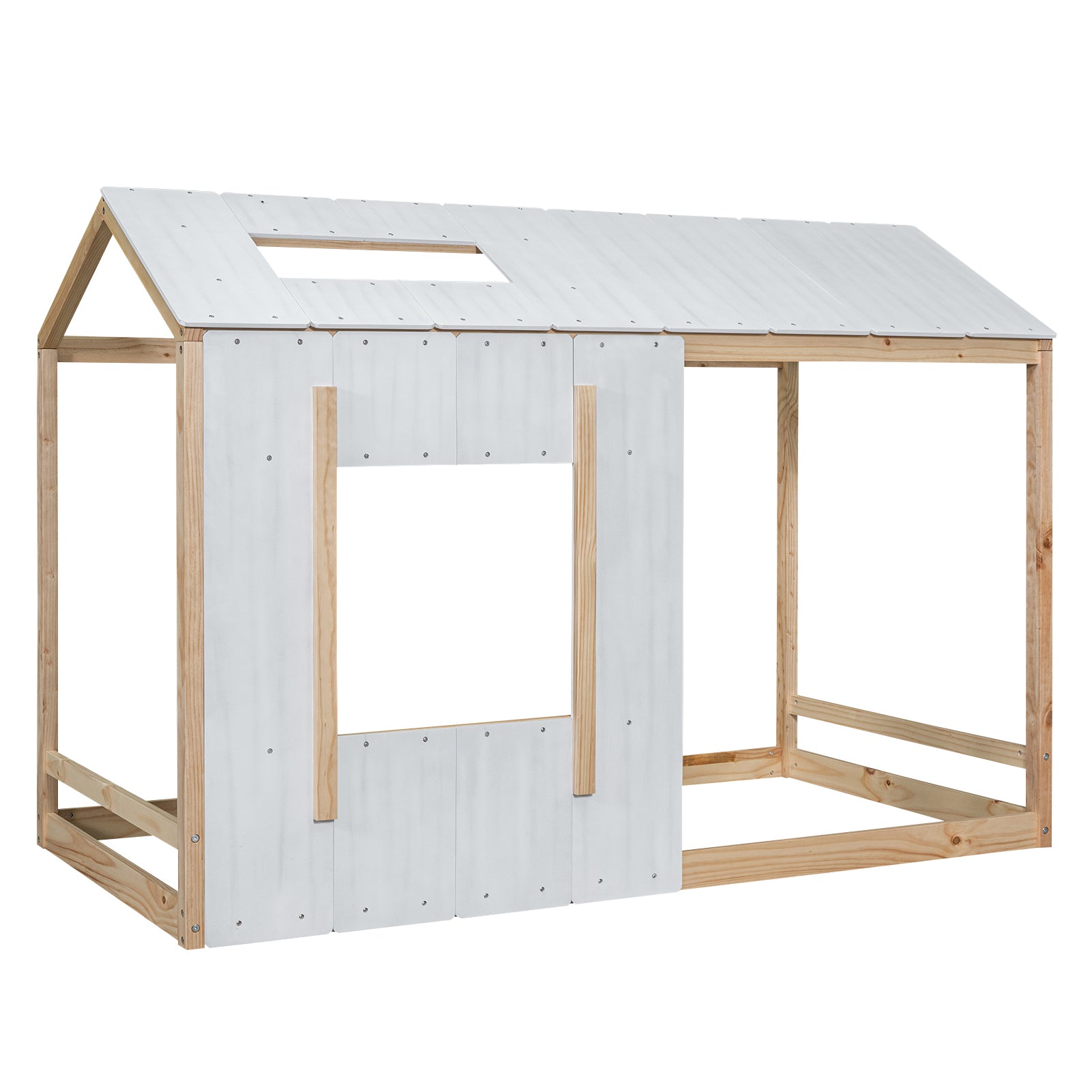 HAOYYE Twin Size House Platform with Roof and Window , White+Natural Sturdy Space-Saving Heavy Duty Modern Design Easy Assembly Durable Stylish Home Furniture Versatile