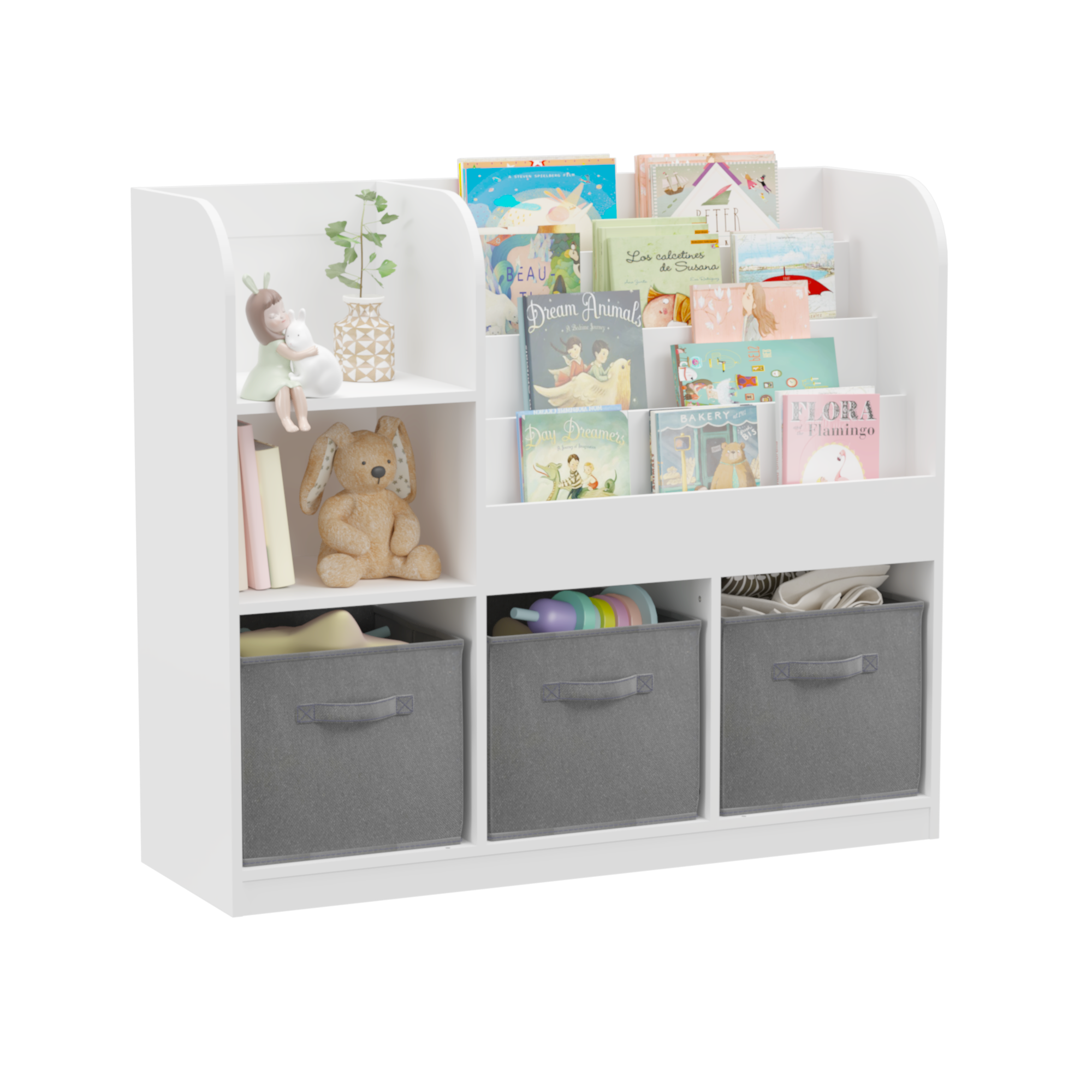HAOYYE Bookcase and Bookshelf, Multifunctional Display Stand With 3 Collapsible Fabric Drawers, Toy Storage Organizer for Bedroom, Playroom, or Hallway, White/Gray, Sturdy Space-Saving Design