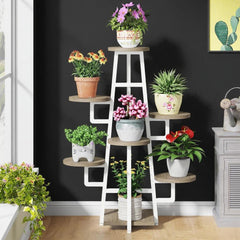 HAOYYE 7-Tier Industrial Plant Stand With Metal Frame And Wood Shelves Tall Corner Flower Display Rack For Indoor Outdoor Plants Multiple Succulents Decor 45lbs Per Shelf Capacity