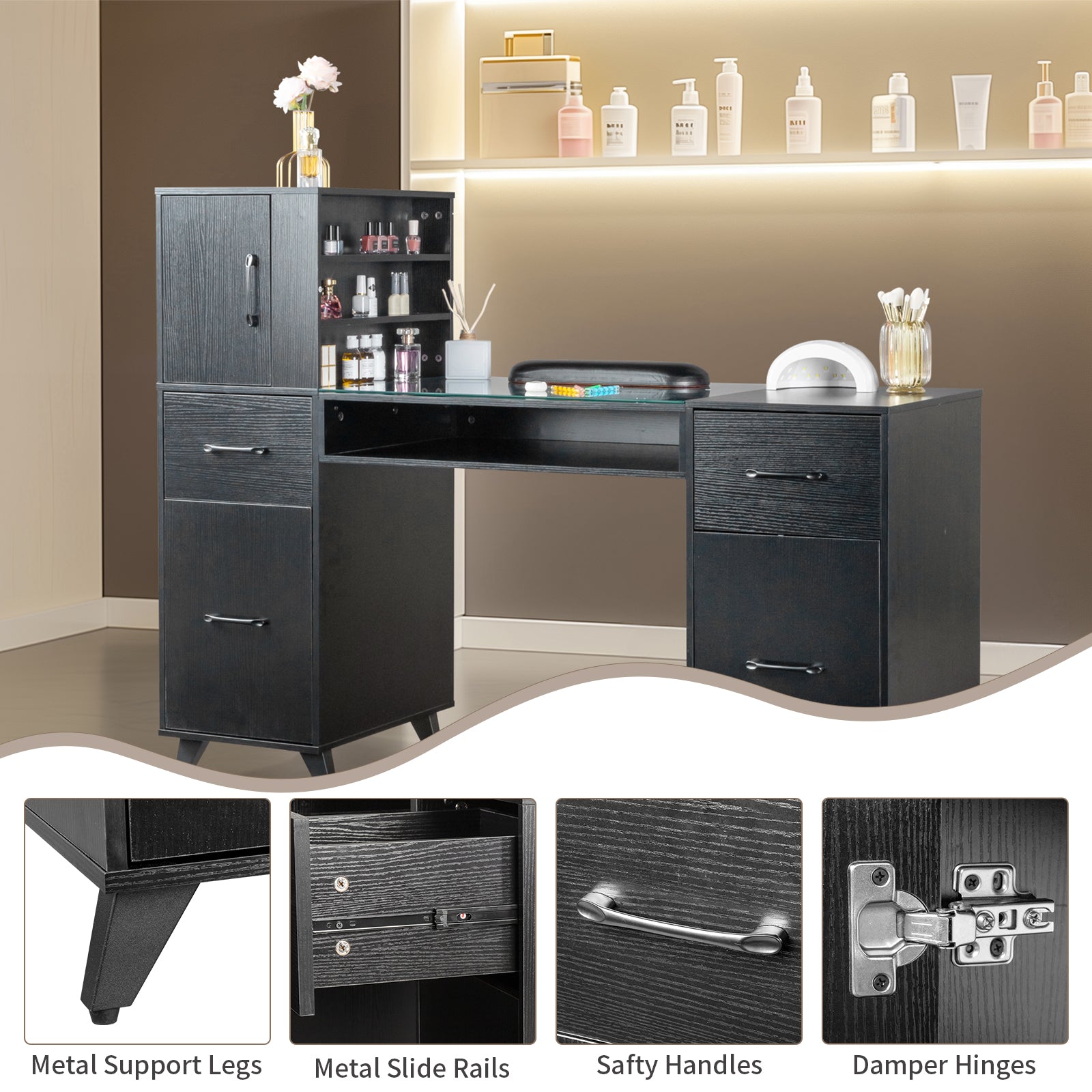 HAOYYE Black Nail Table with Tempered Glass Top and Relief Particle Board Finish, Three Doors and Two Drawers, Fanless Design for Salon Manicure Station or Home Beauty Workspace