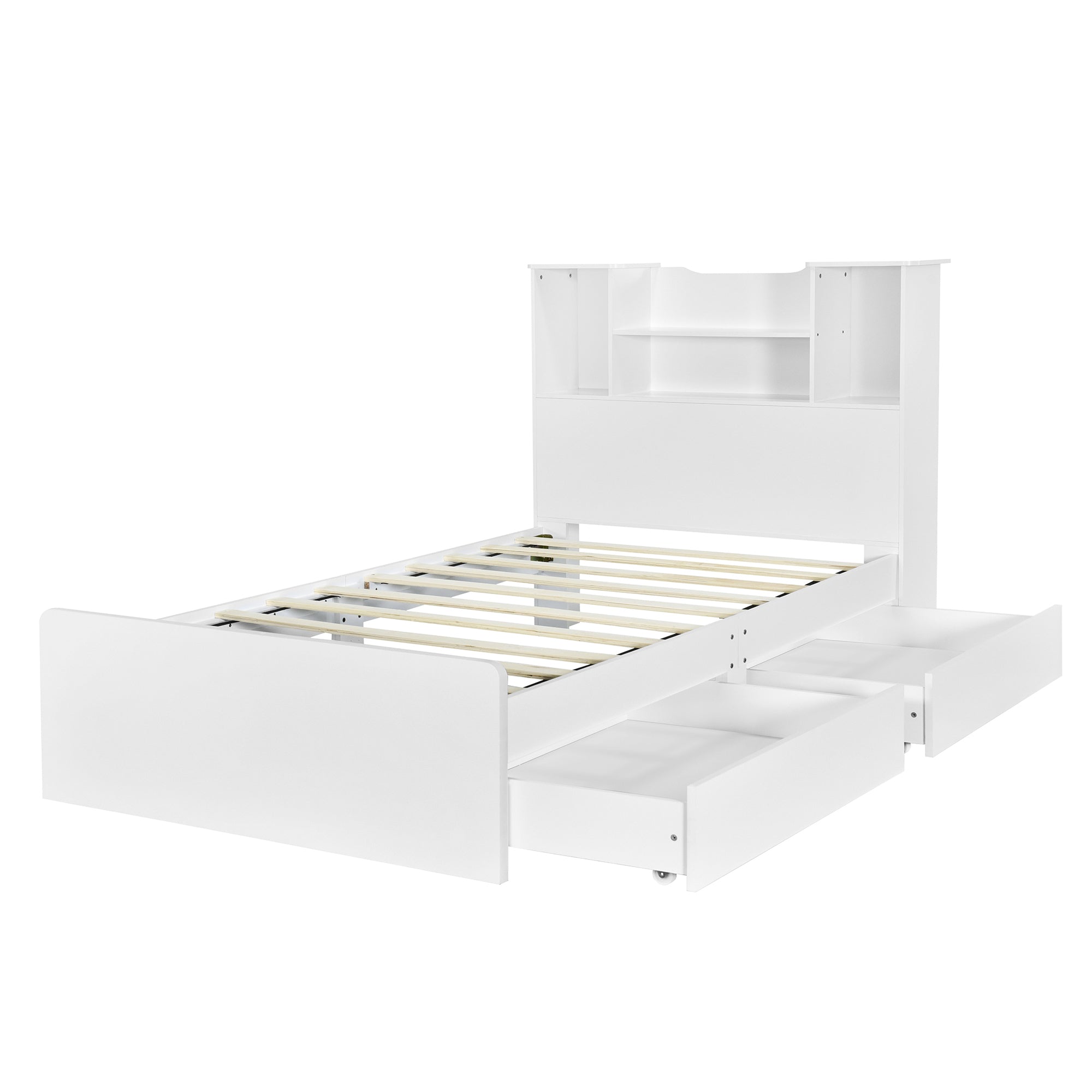 HAOYYE Twin Size Storage Platform Bed Frame with 4 Open Storage Shelves and 2 Drawers, LED Lights, White, Sturdy Space-Saving Heavy Duty Design, Easy Assembly, Ideal for Adults and Dorm Rooms