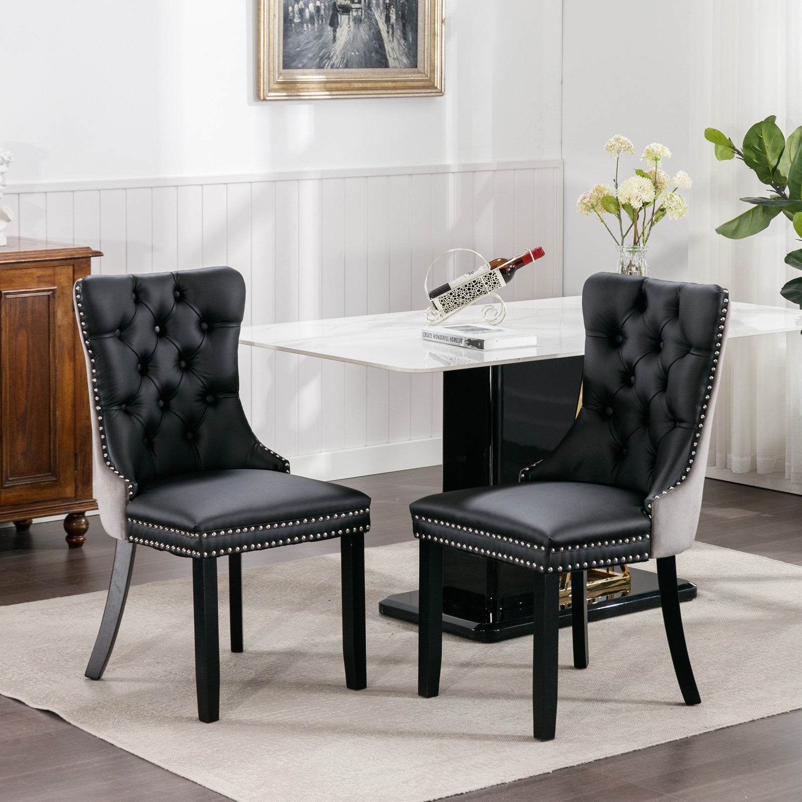 HAOYYE Nikki Collection Modern, High-end Tufted Solid Wood Contemporary PU and Velvet Upholstered Dining Chair with Wood Legs Nailhead Trim 2-Pcs Set lack+Gray, SW2101BG Sturdy Space-Saving