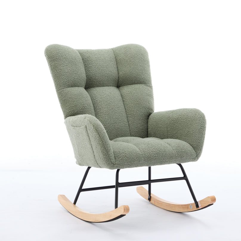 Haoyye Modern Upholstered Nursery Rocking Chair with High Backrest, Teddy Fabric Glider Accent Armchair with Solid Wood Legs and Metal Frame, Comfortable Rocker for Bedroom, Living Room or Lounge, Gentle Swing Chair in Green