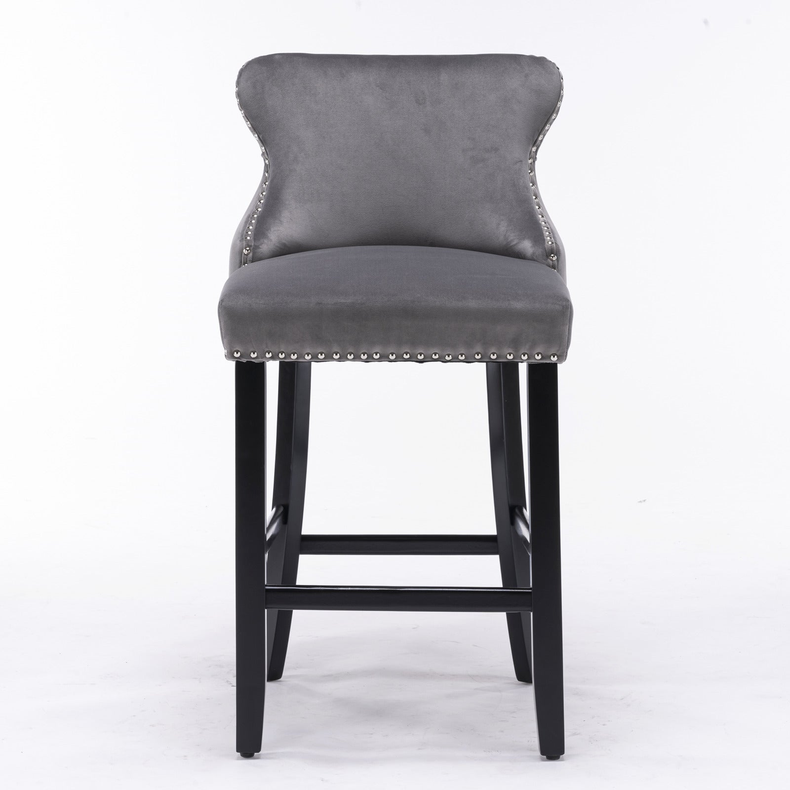 HAOYYE Contemporary Velvet Upholstered Wing-Back Barstools with Button Tufted Decoration and Wooden Legs, and Chrome Nailhead Trim, Leisure Style Bar Chairs,Bar stools, Set of 2 (Gray),SW1824GY