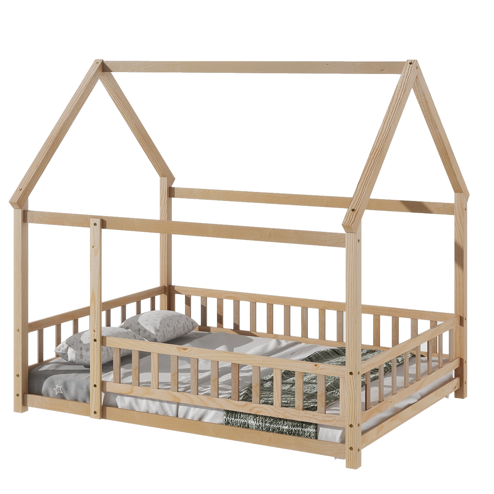 HAOYYE Full Size Floor Wooden Bed with House Roof Frame, Fence Guardrails ,Nartural Sturdy Space-Saving Heavy Duty Modern Design Adults Dorm Room Easy Assembly Bedroom Furniture