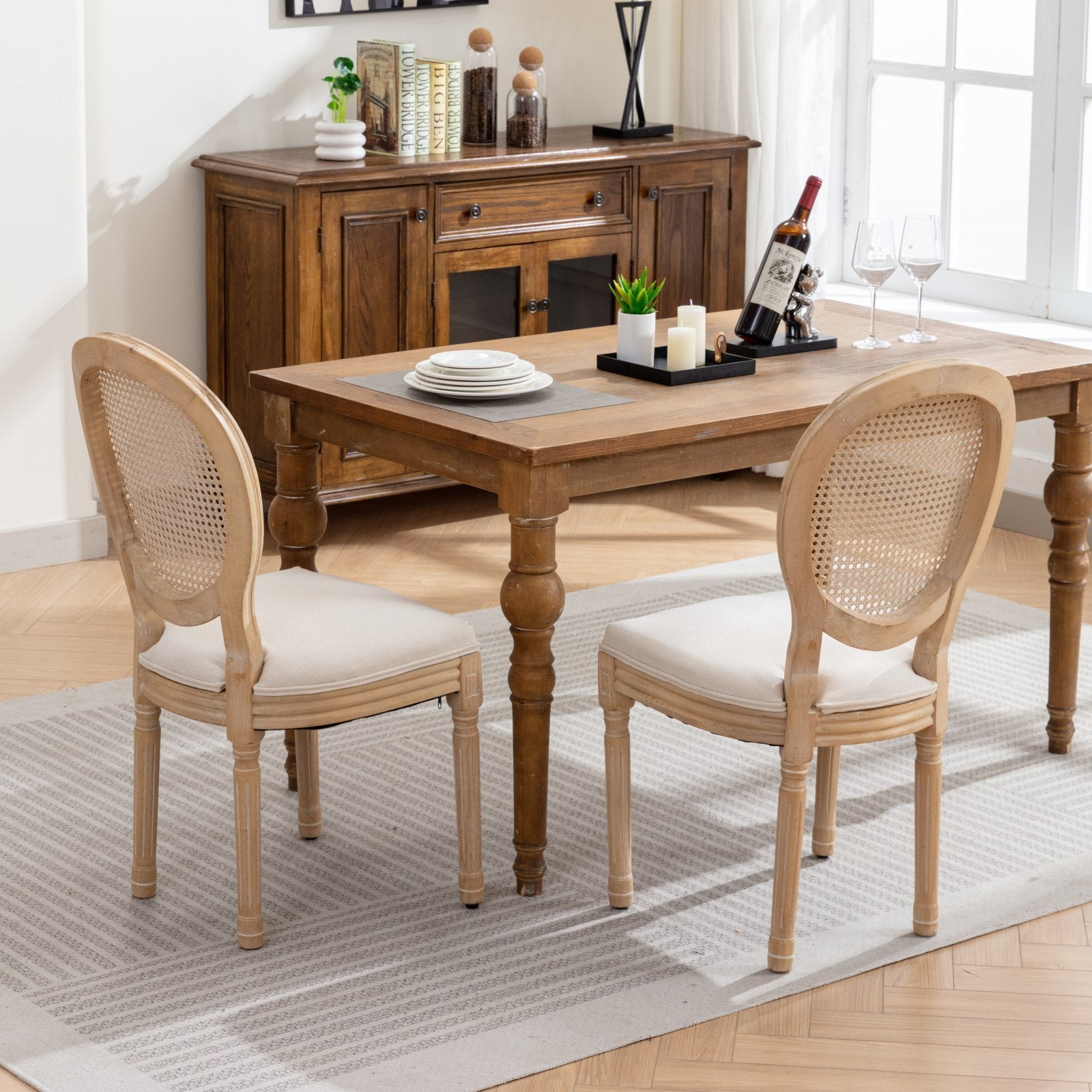 HAOYYE French Style Solid Wood Frame Antique Painting Linen Fabric Rattan Back Dining Chair,Set of 2,Cream,Beige Sturdy Space-Saving Heavy Duty Modern Design Adults Dorm Room Easy Assembly