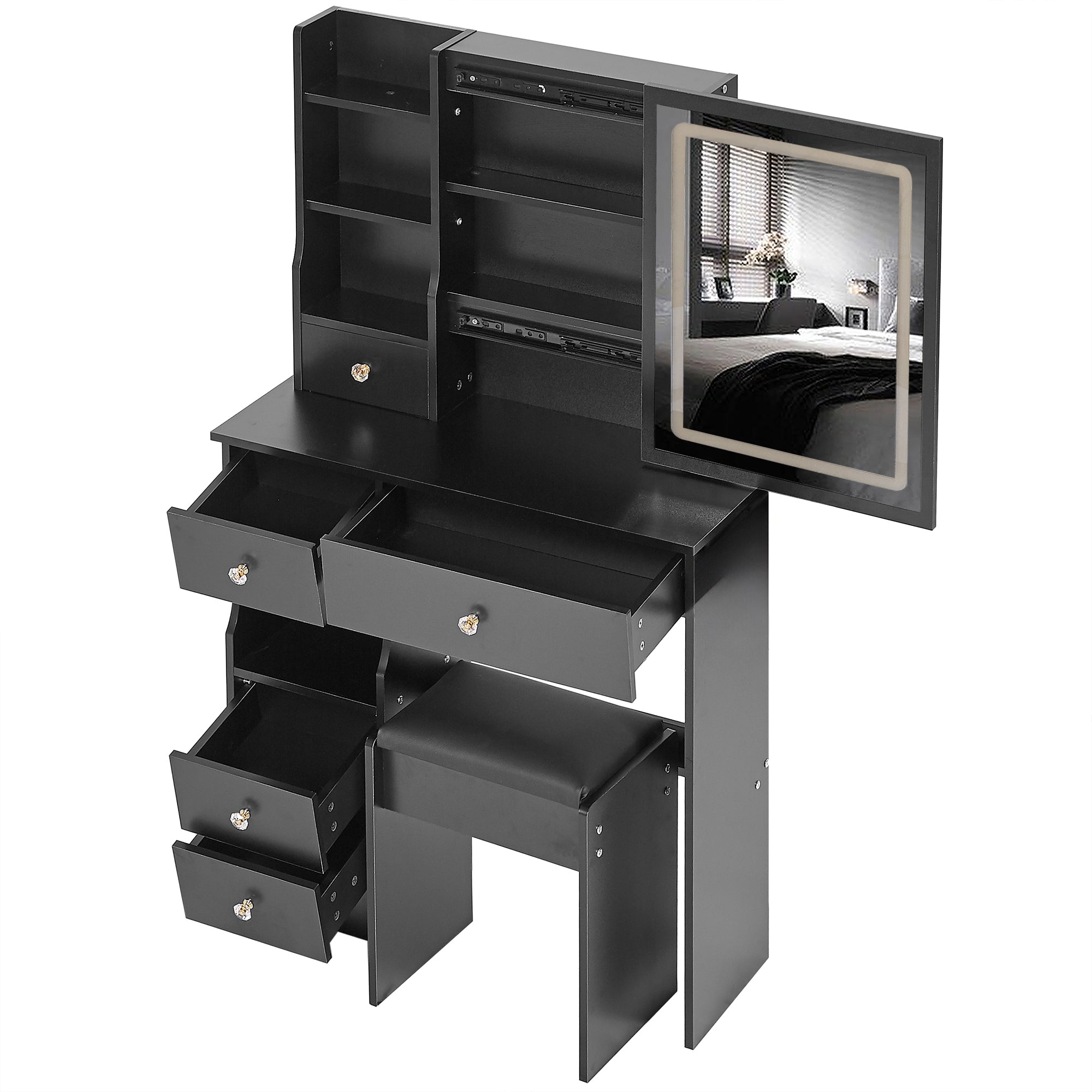 HAOYYE Small Size Left Drawer Desktop Vanity Table + Cushioned Stool, Touch Control Sliding LED Mirror, Tri-color Switching, Brightness Adjust, Multi Layer, Suitable for Small Space, EPA,GCC,UL Certificate