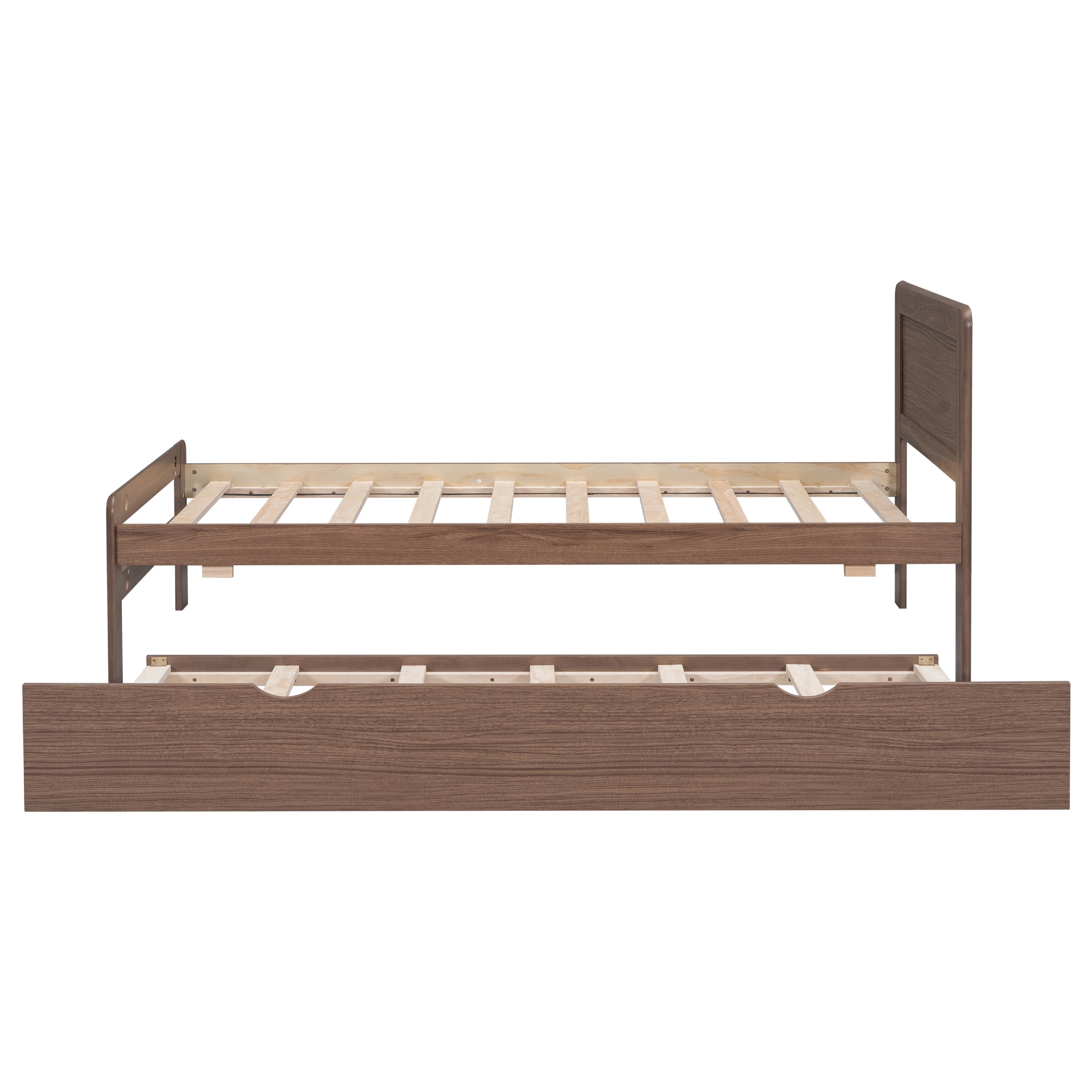 HAOYYE Modern Design Wooden Twin Size Platform Bed Frame with Trundle for Walnut Color Sturdy Space-Saving Heavy Duty Adults Dorm Room Easy Assembly Bedroom Furniture