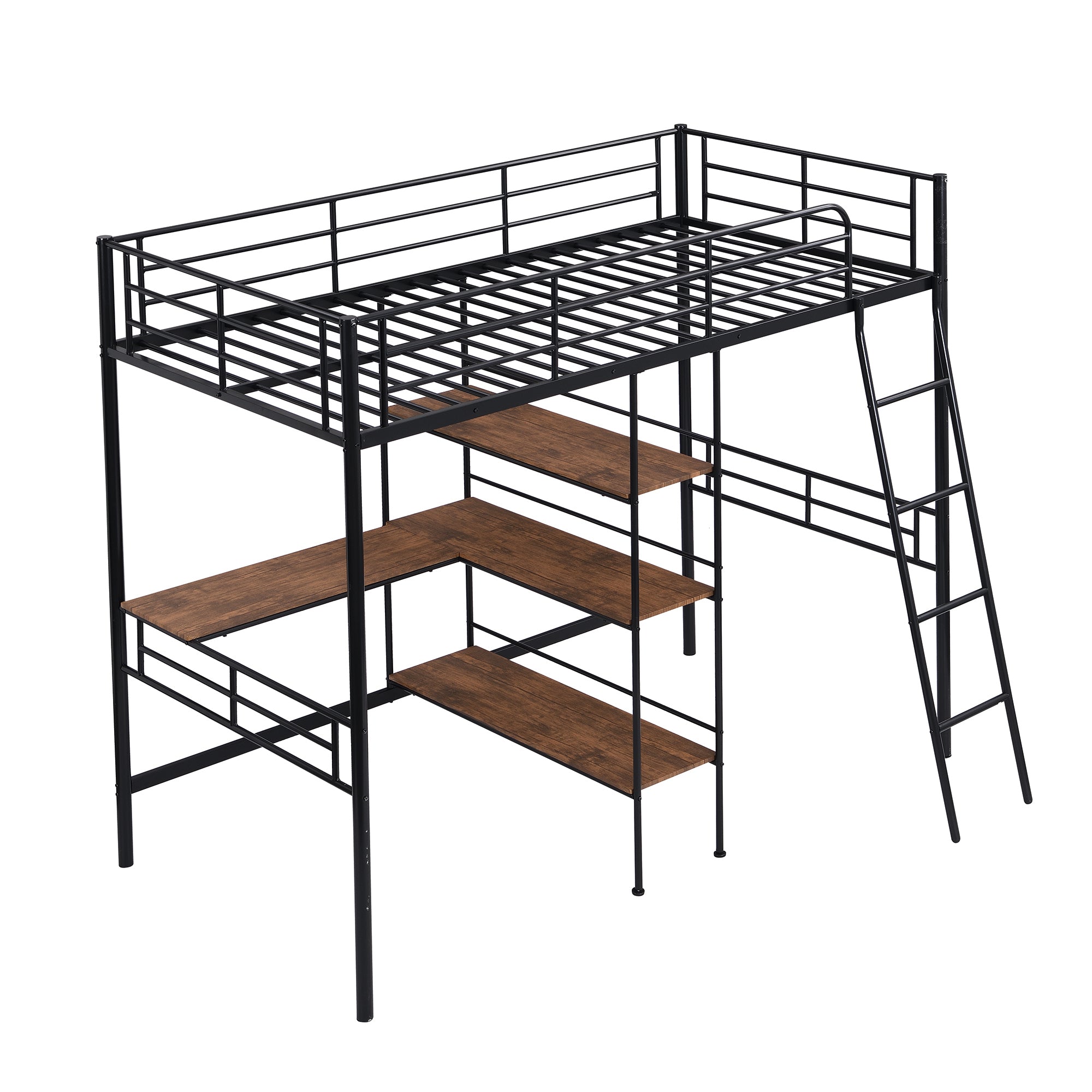 HAOYYE Twin Size Metal Loft Bed and Built-in Desk and Shelves,Black Sturdy Space-Saving Heavy Duty Modern Design Adults Dorm Room Easy Assembly Bedroom Furniture