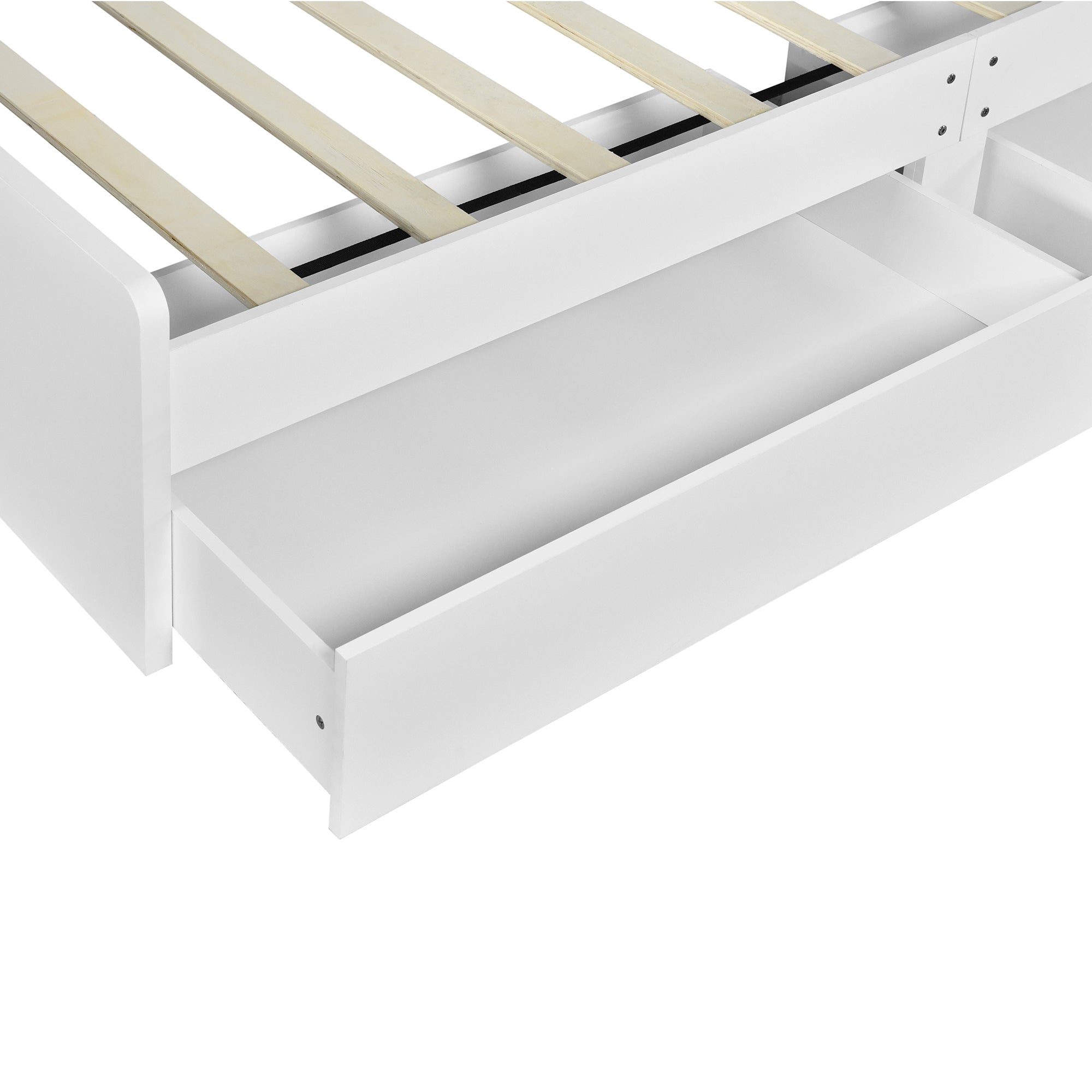 HAOYYE Twin Size Storage Platform Bed Frame with 4 Open Storage Shelves and 2 Drawers, LED Lights, White, Sturdy Space-Saving Heavy Duty Design, Easy Assembly, Ideal for Adults and Dorm Rooms