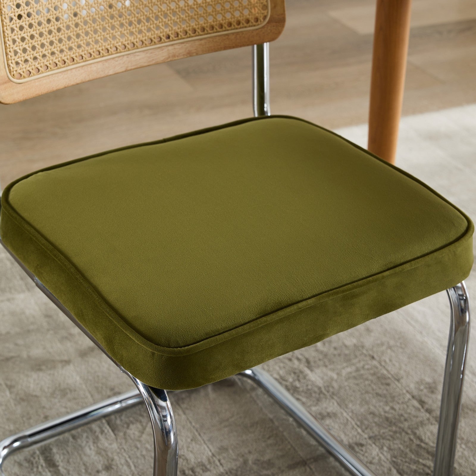 HAOYYE Mid Century Modern Dining Chairs Set of 2, Velvet Accent Chairs with Natural Cane Back & Stainless Chrome Base, Famous Breuer Designed Chairs, Upholstered Rattan Kitchen Chairs,Olive-Green Sturdy