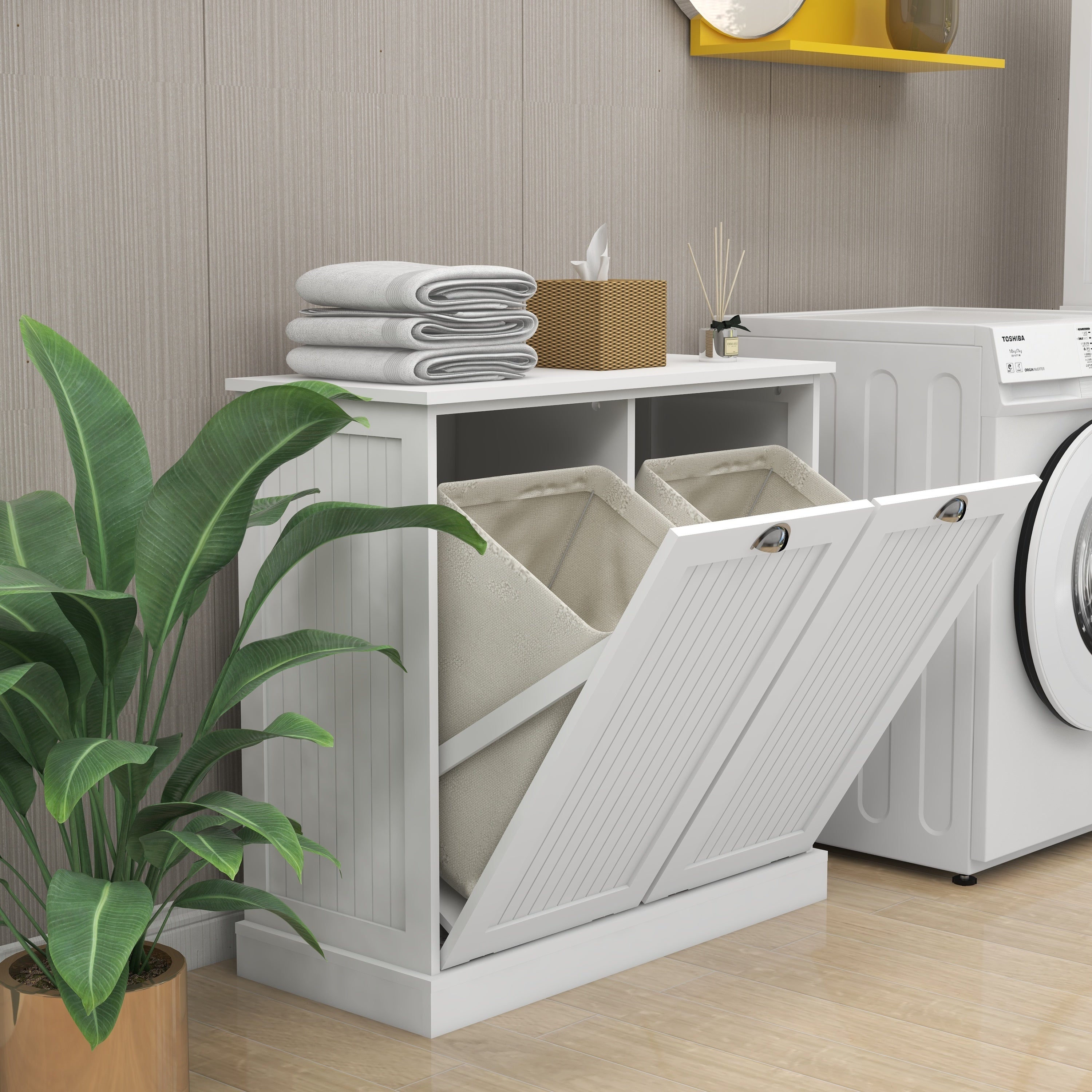 HAOYYE Two-Compartment Tilt-Out Laundry Sorter Cabinet-White Sturdy Space-Saving Heavy Duty Modern Design Easy Assembly Durable Stylish Home Furniture Versatile