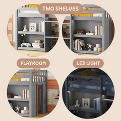 HAOYYE Twin Size Kid Low Loft Bed With Two-Tier Shelves And LED Light For Grey Color Sturdy Space-Saving Heavy Duty Modern Design Adults Dorm Room Easy Assembly Bedroom Furniture