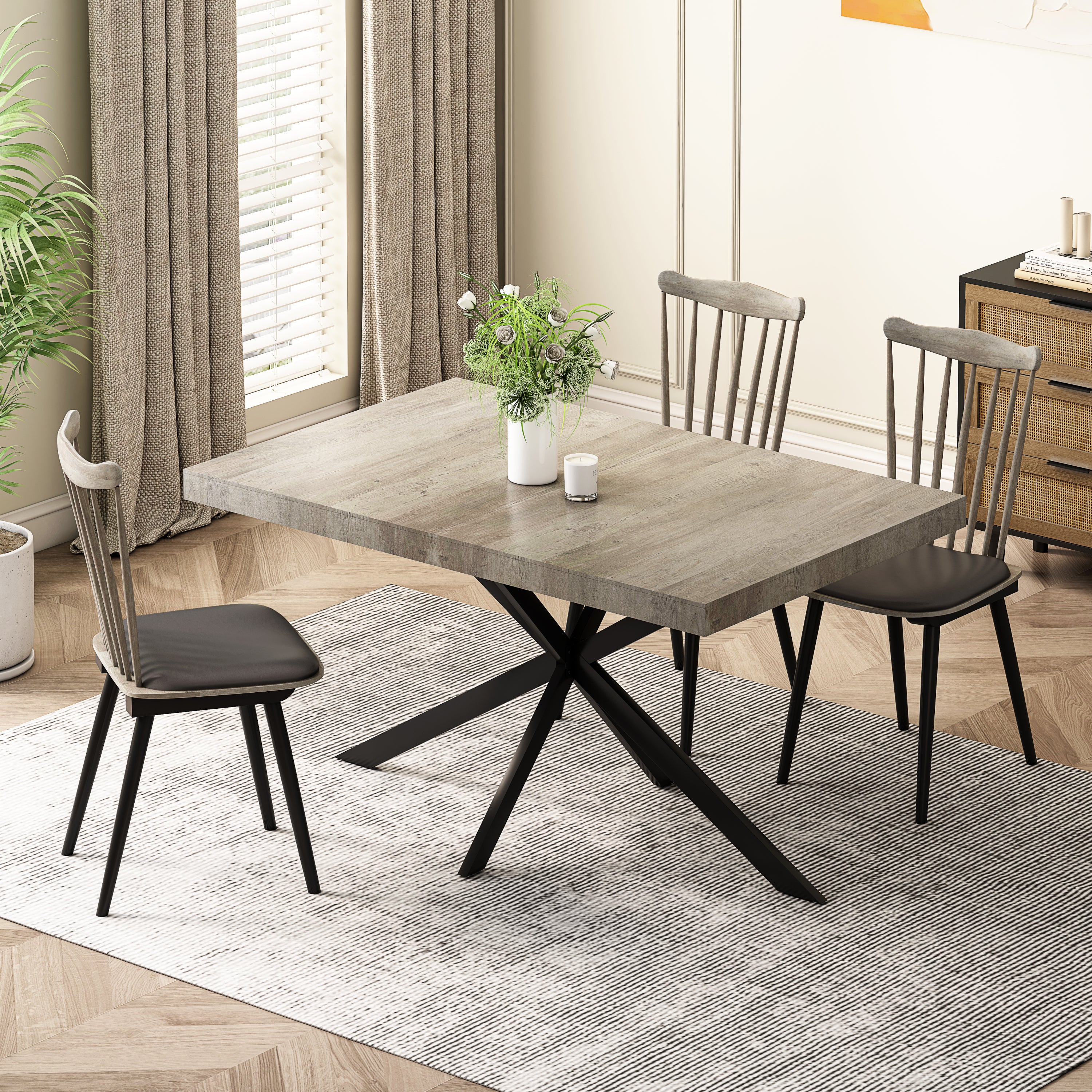 HAOYYE Retro Rectangular Extendable Dining Table, Gray Carole Top with Black Embossed Center Plate, Sturdy Black Cross Iron Base, Modern Dining Table with Built-in Storage Box, Space-Saving Design for Dining Room, Kitchen, and Apartment, Easy Assembly