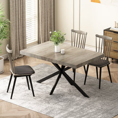HAOYYE Retro Rectangular Extendable Dining Table, Gray Carole Top with Black Embossed Center Plate, Sturdy Black Cross Iron Base, Modern Dining Table with Built-in Storage Box, Space-Saving Design for Dining Room, Kitchen, and Apartment, Easy Assembly