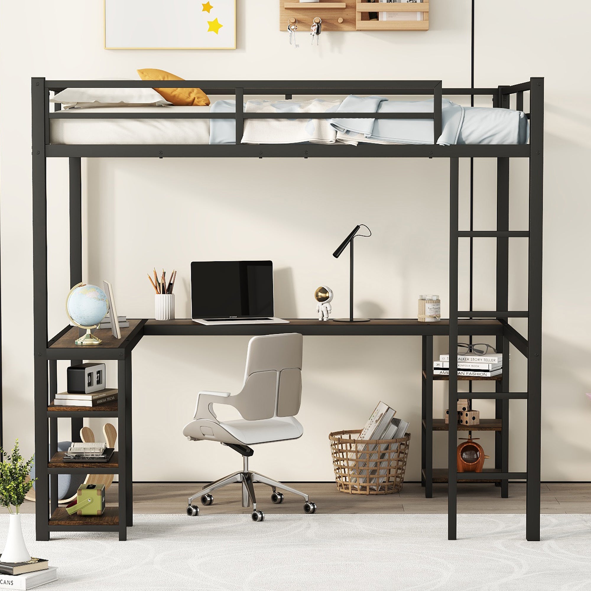 HAOYYE Full Metal Loft Bed with Desk and Shelves, Loft Bed with Ladder and Guardrails, Loft Bed Frame for Bedroom, Black with Vintage wood-colored desk Sturdy Space-Saving Heavy Duty Modern Design