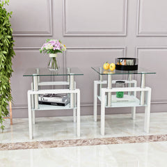 Haoyye Set of 2 Modern Tempered Glass Coffee and Tea Tables, Square Transparent and White Side Tables for Living Room, Sturdy Heavy Duty Space-Saving Design, Easy Assembly for Adults and Dorm Rooms