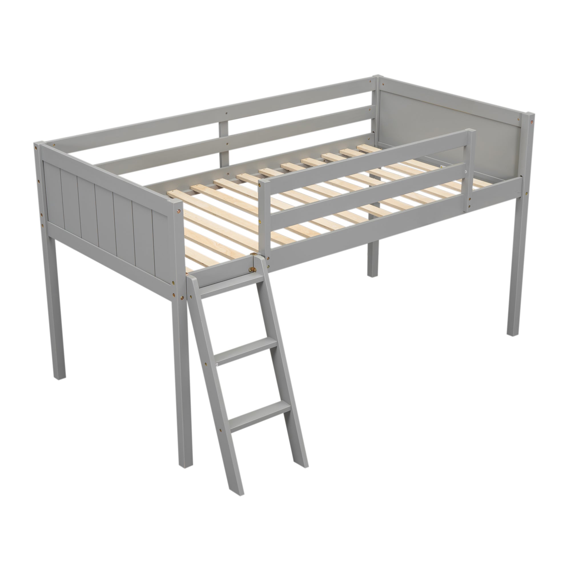 HAOYYE Twin Size Wood Low Loft Bed with Ladder, ladder can be placed on the left or right, Gray Sturdy Space-Saving Heavy Duty Modern Design Adults Dorm Room Easy Assembly Bedroom Furniture