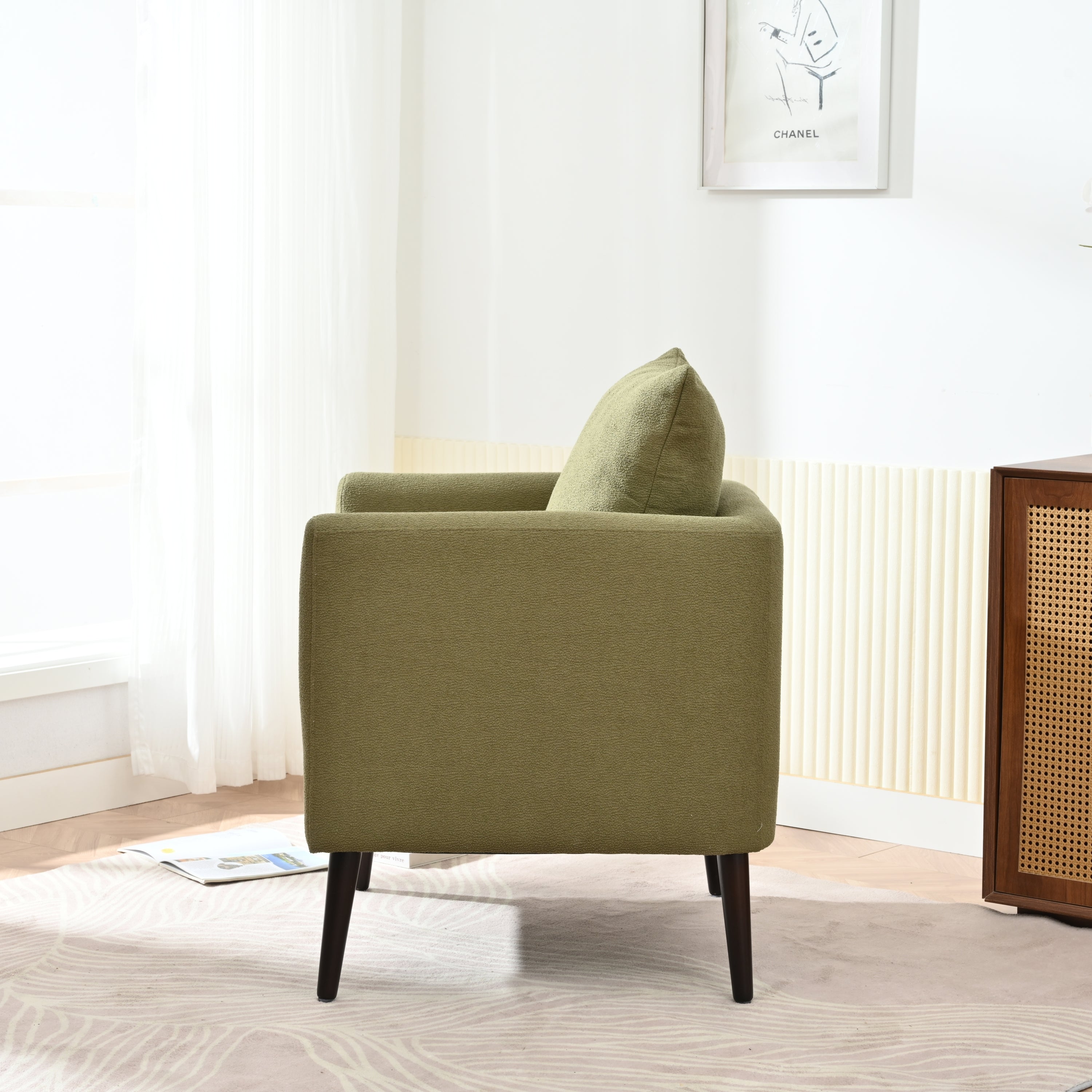 HAOYYE Barrel Chair, Modern Accent Chair, Fabric Armchair Club Chair,Upholstered Arm Chair with Solid Wood Legs,Waist Pillow,Padded Single Chair for Living Room/Bedroom/Study/Waiting Room,Olive Green Sturdy