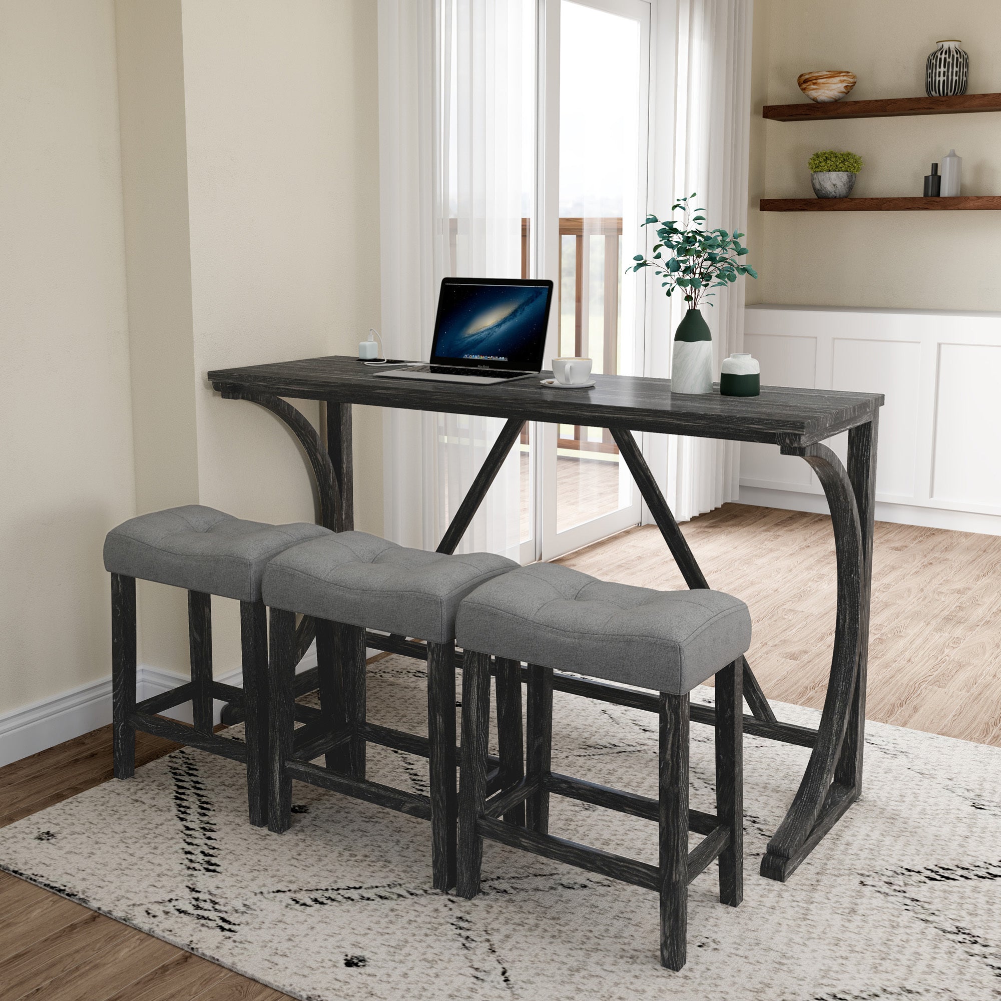 HAOYYE Bar Table Set with Power Outlet, Bar Table and Chairs Set, 4 Piece Dining Table Set, Industrial Breakfast Table Set, for Living Room, Dining Room, Game Room Sturdy Space-Saving Heavy Duty Adults