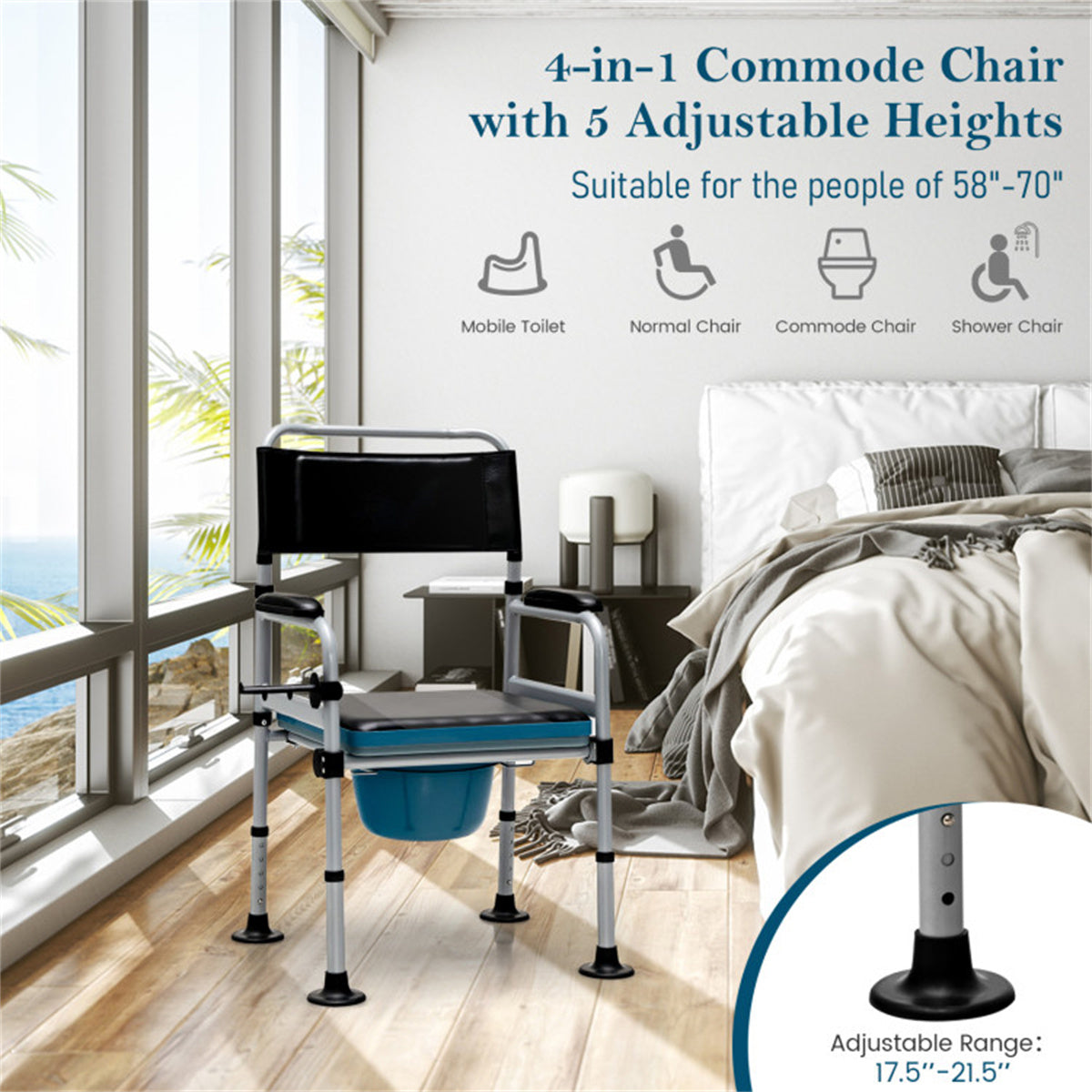 HAOYYE Black Shower Toilet Chair with Detachable Bucket, Portable Waterproof Commode Chair for Elderly and Disabled, Lightweight Aluminum Frame, Comfortable Padded Seat and Backrest, Adjustable Height, Lockable Wheels for Indoor and Outdoor Use
